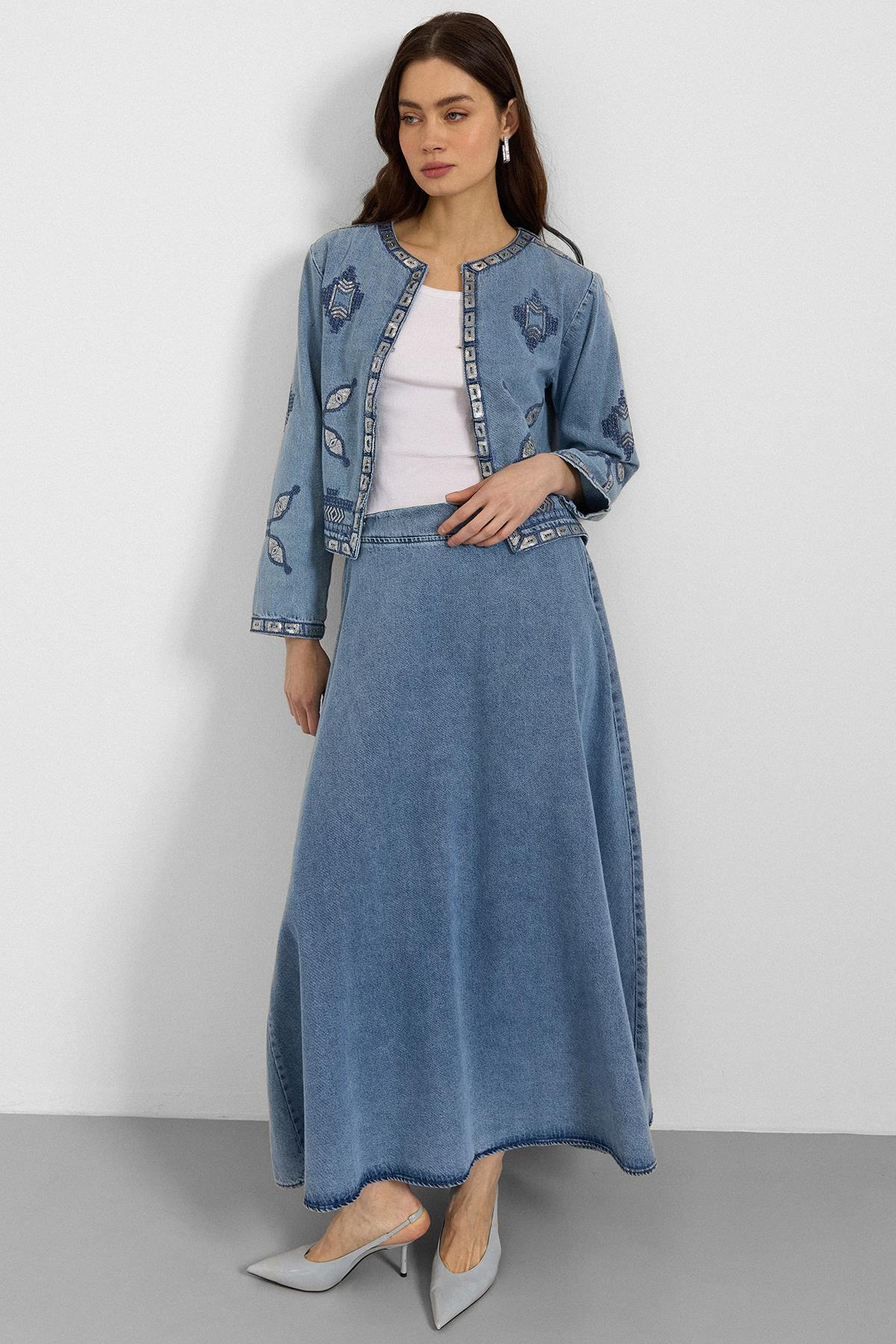 Pul ve Nakış Detaylı Etek Ceket Denim İkili Takım MAVİ 9388-TK