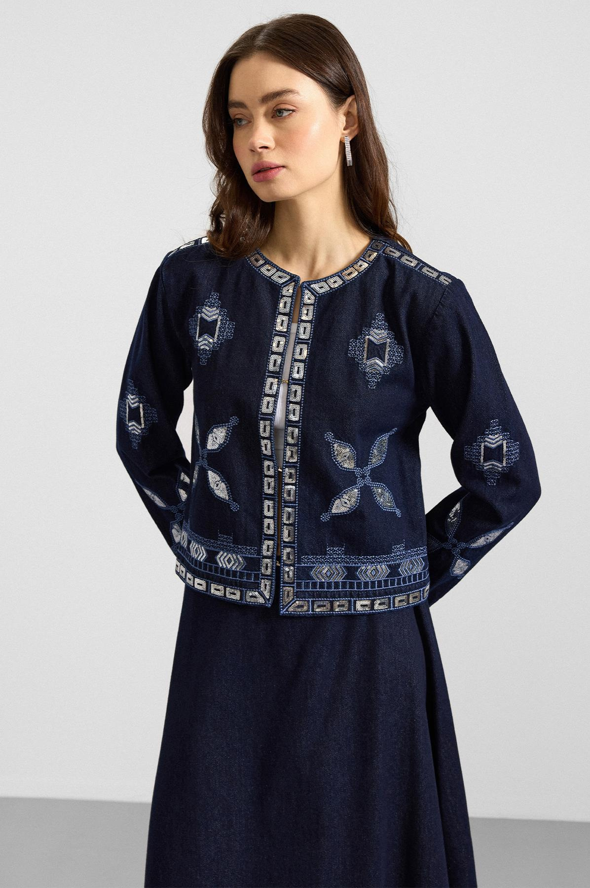 Pul ve Nakış Detaylı Etek Ceket Denim İkili Takım LACİVERT 9388-TK