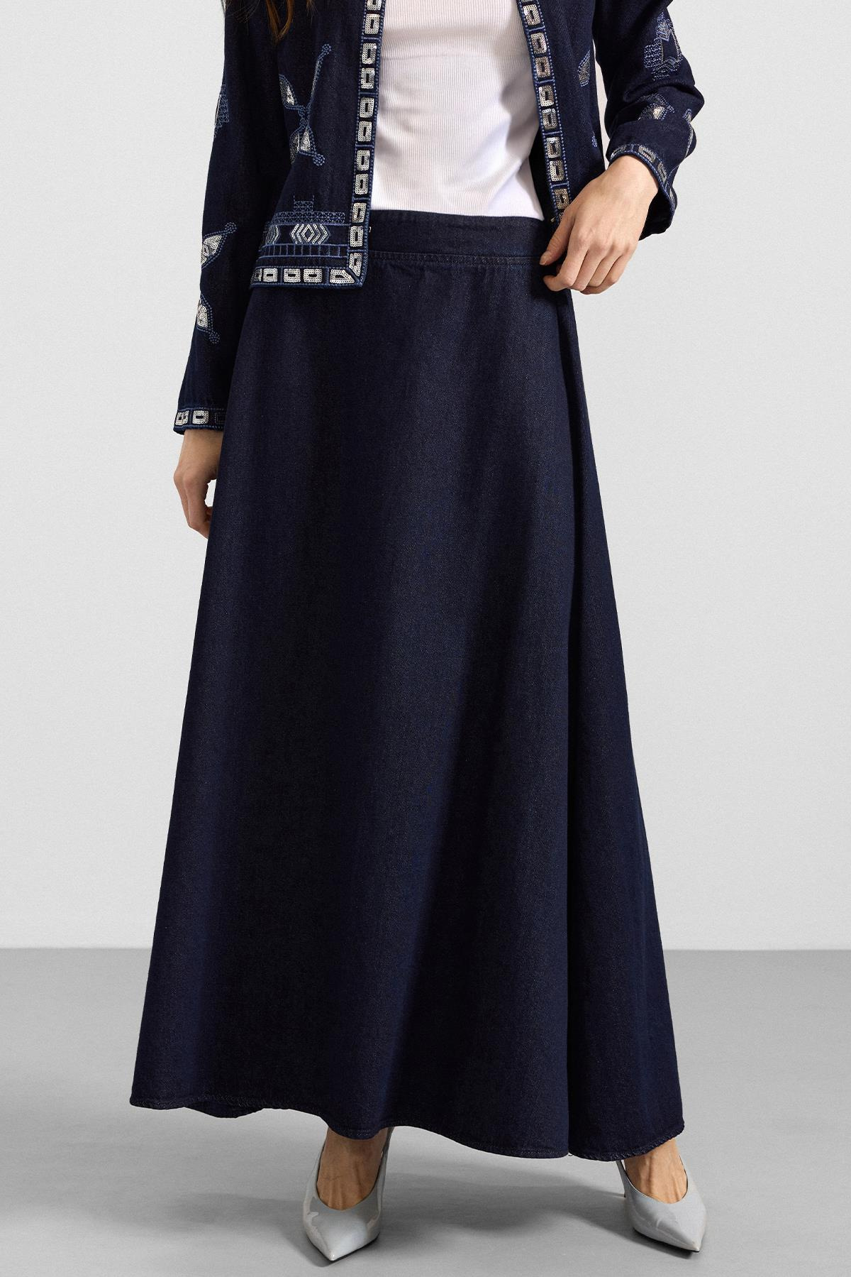 Pul ve Nakış Detaylı Etek Ceket Denim İkili Takım LACİVERT 9388-TK