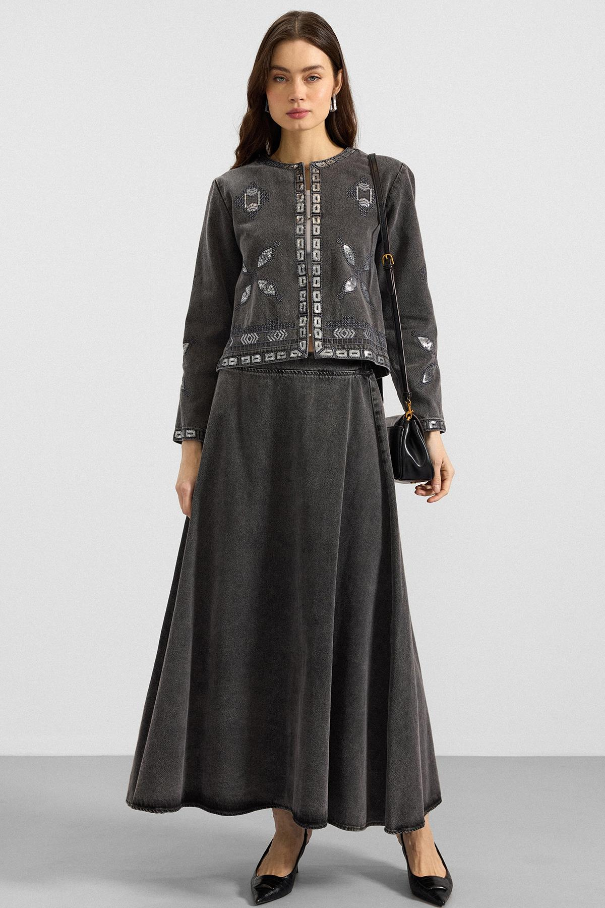 Pul ve Nakış Detaylı Etek Ceket Denim İkili Takım GRİ 9388-TK