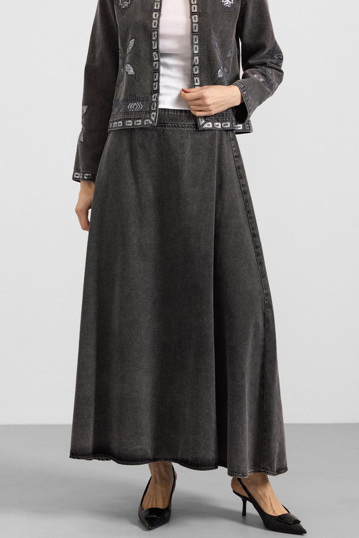 Pul ve Nakış Detaylı Etek Ceket Denim İkili Takım GRİ 9388-TK