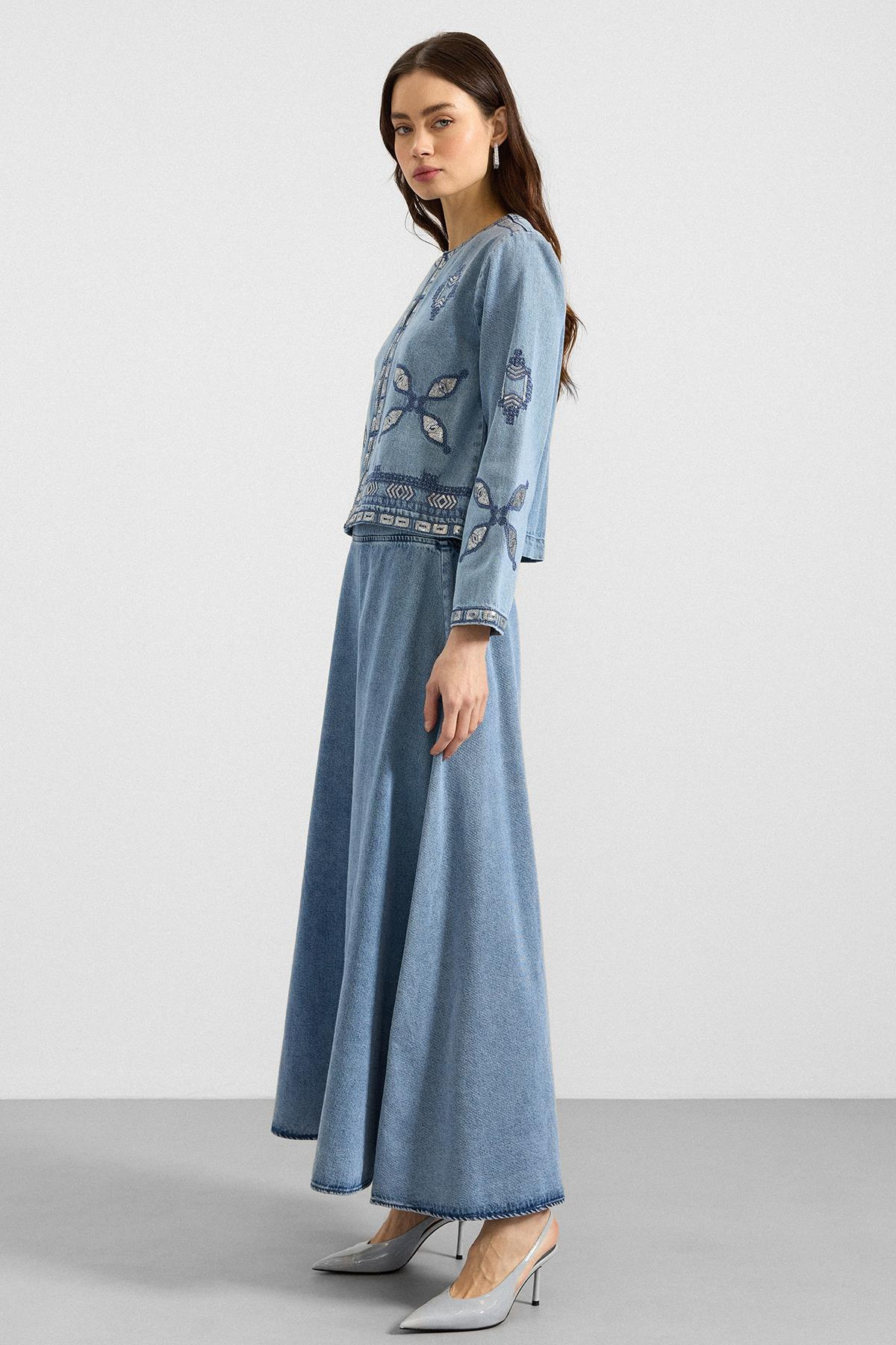 Pul ve Nakış Detaylı Etek Ceket Denim İkili Takım MAVİ 9388-TK