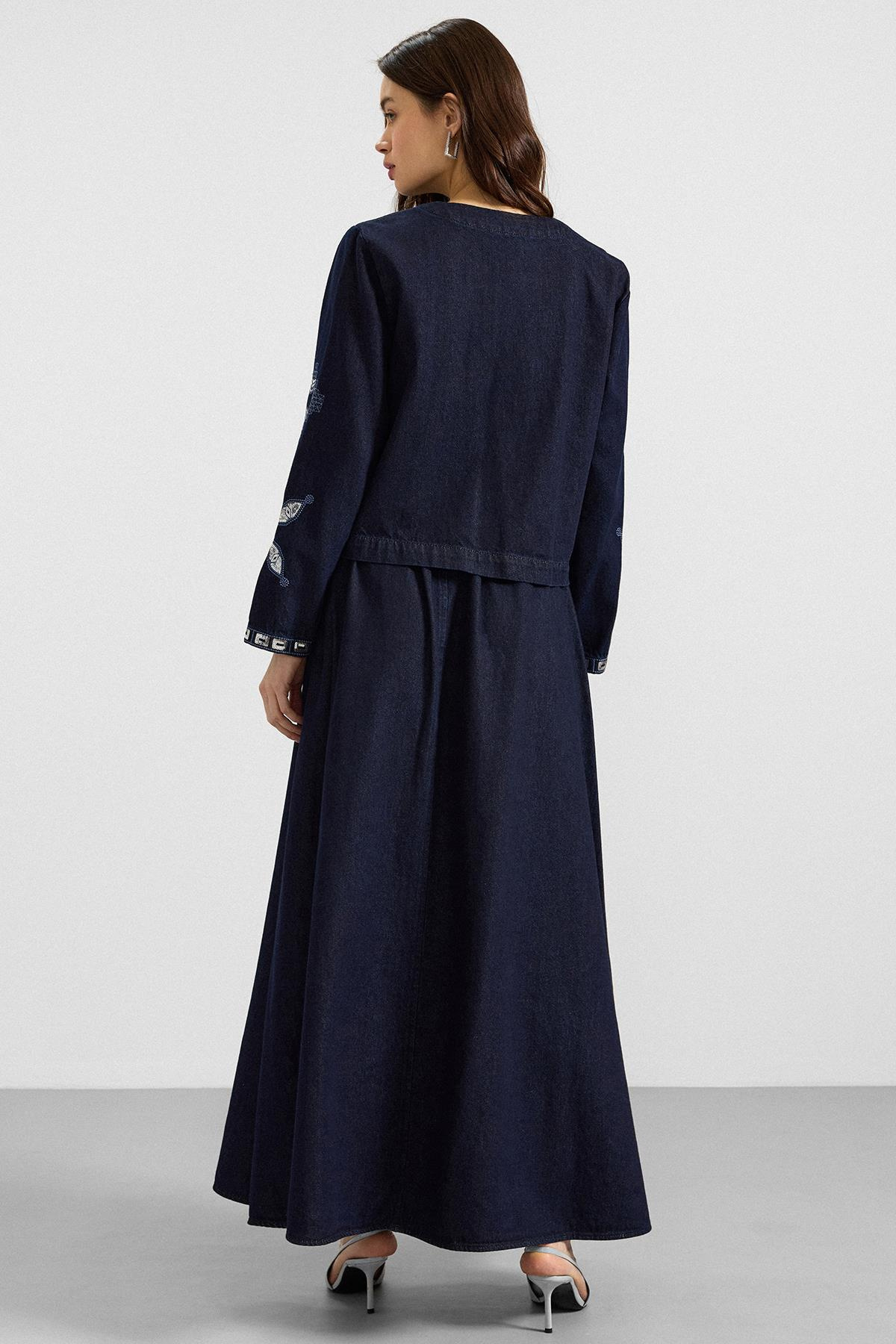 Pul ve Nakış Detaylı Etek Ceket Denim İkili Takım LACİVERT 9388-TK