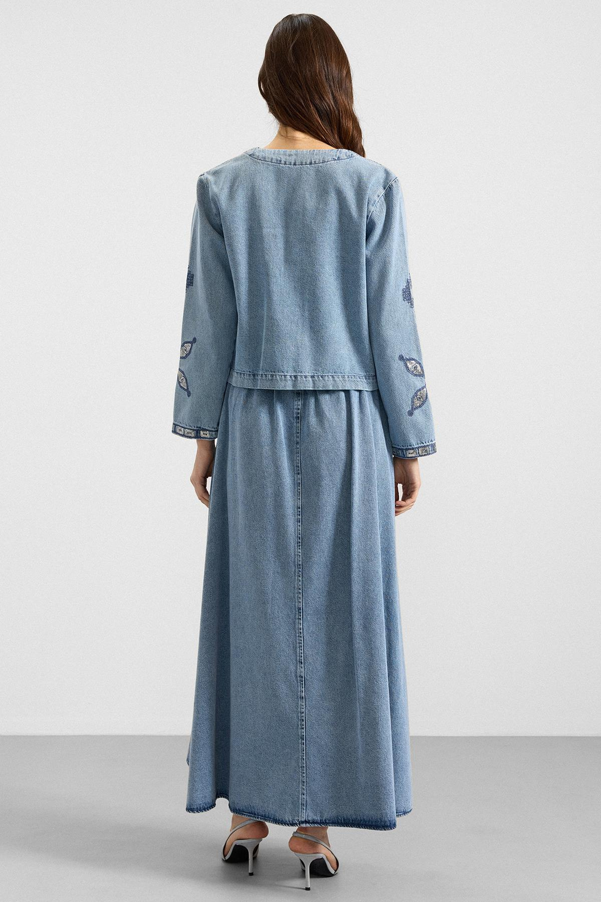 Pul ve Nakış Detaylı Etek Ceket Denim İkili Takım MAVİ 9388-TK