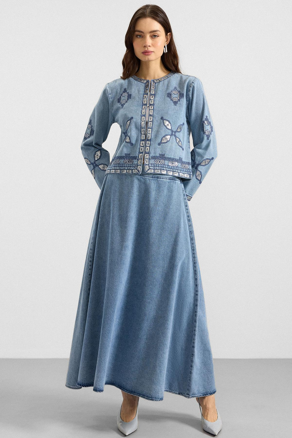 Pul ve Nakış Detaylı Etek Ceket Denim İkili Takım MAVİ 9388-TK