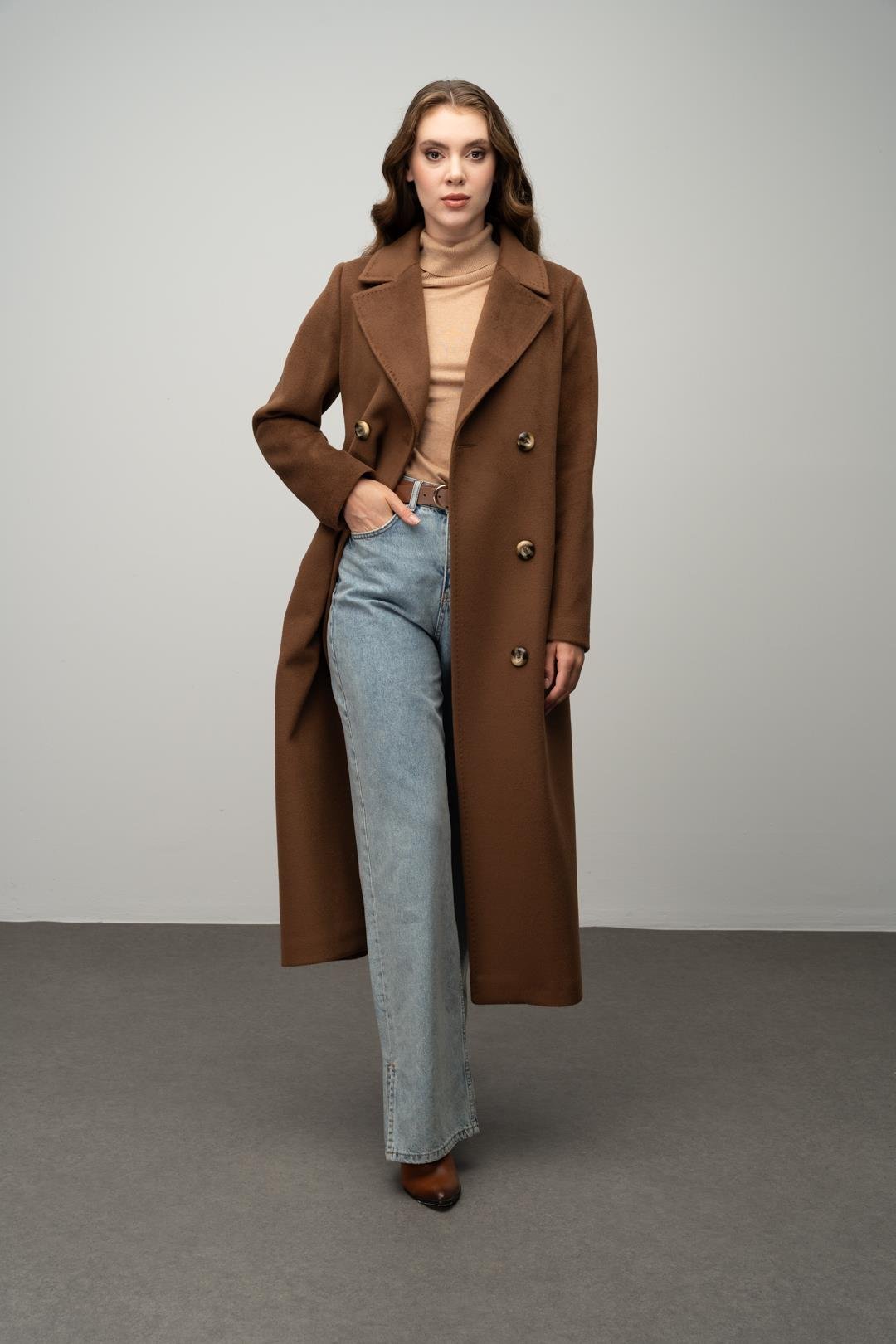 Double-Breasted Exclusive Coat with Punto Detail TOBACCO 3055