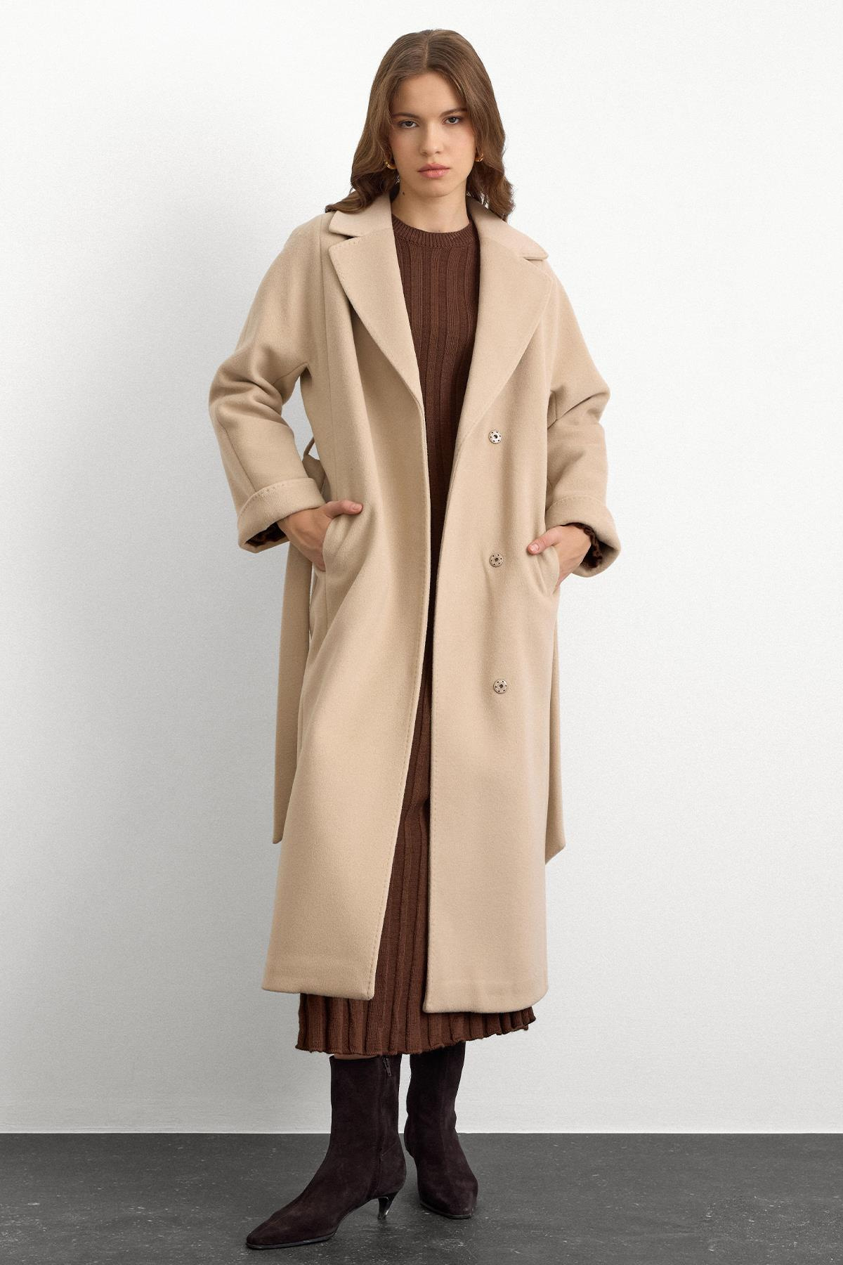 Punto Dikiş Detaylı Oversize Premium Kaban BEJ 3108