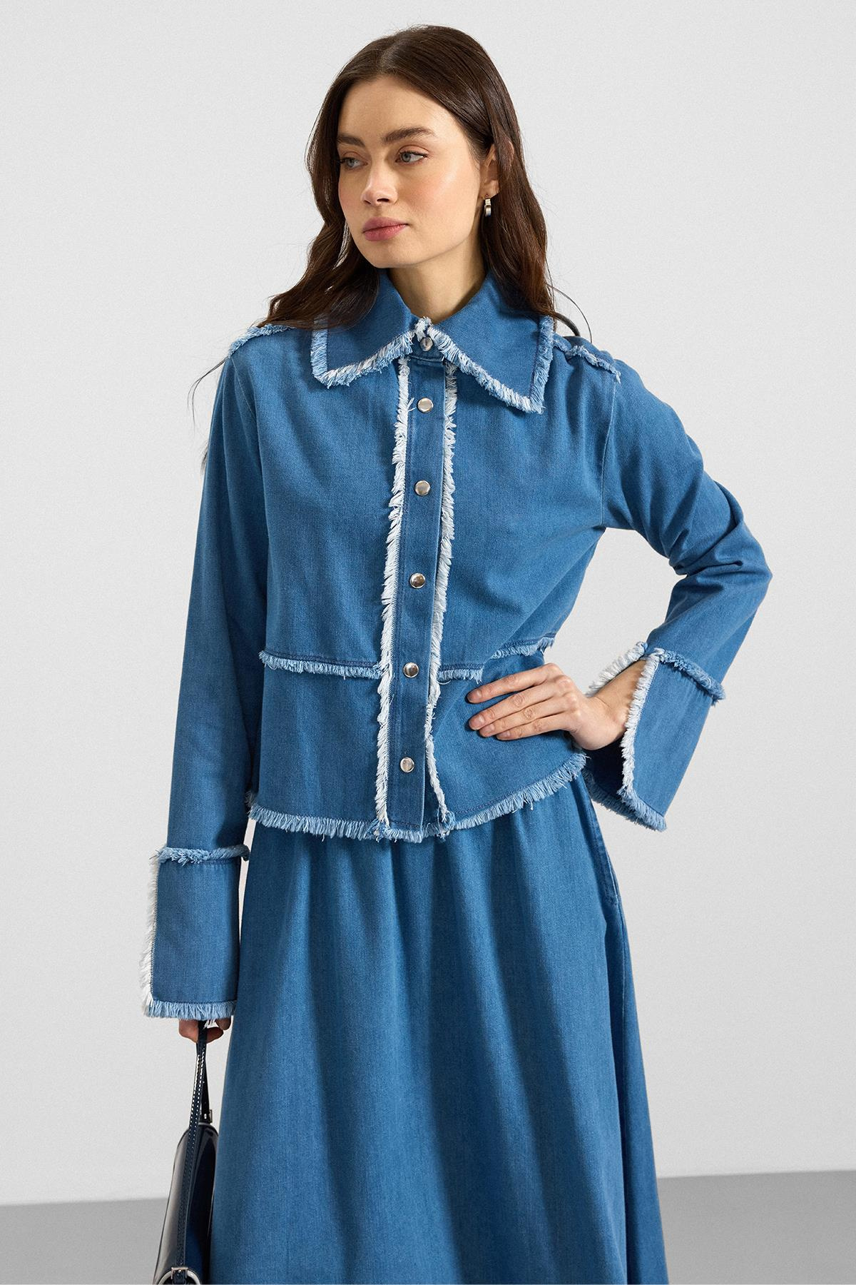 Püskül Detaylı Etek Ceket Denim İkili Takım MAVİ 9394-TK