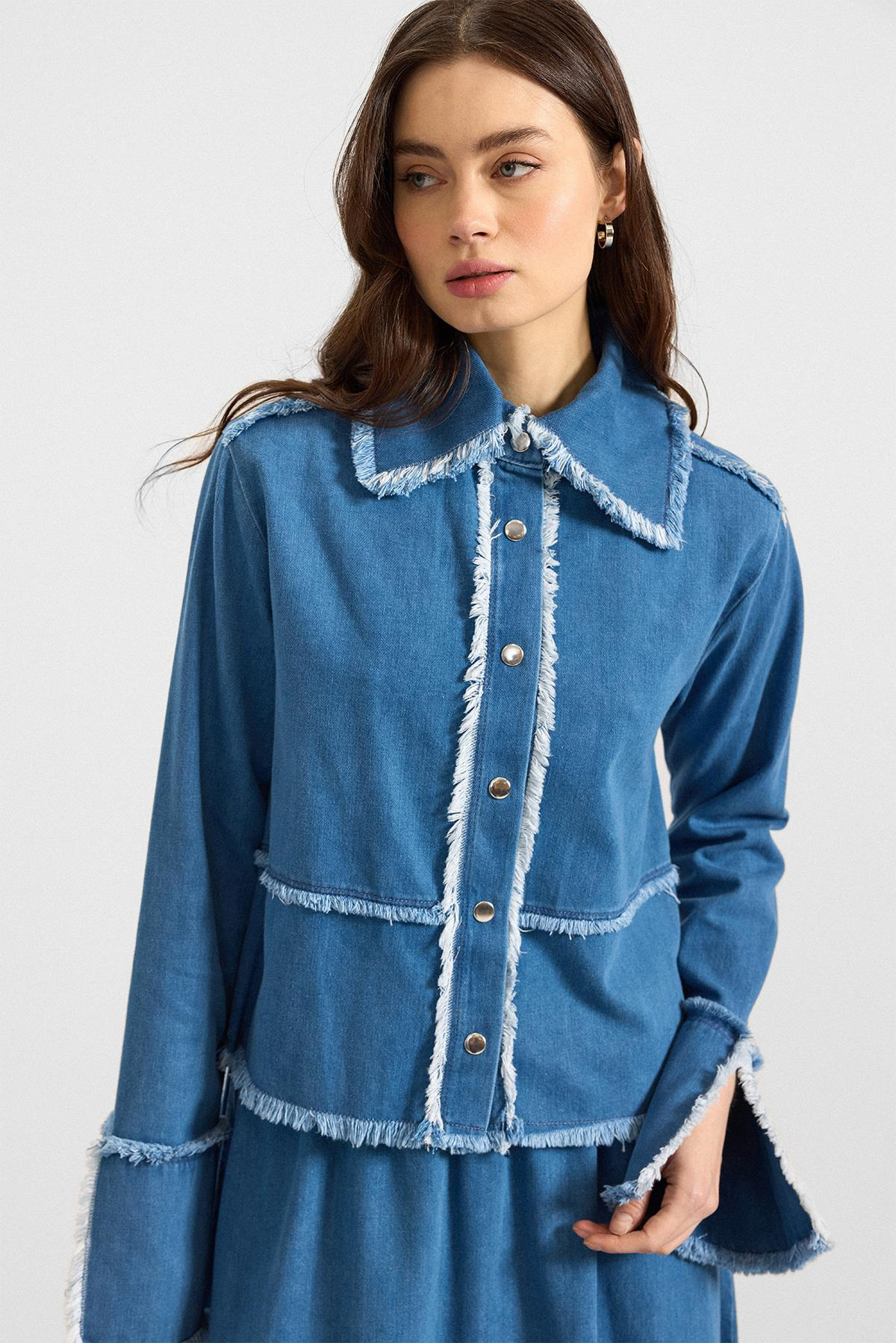 Püskül Detaylı Etek Ceket Denim İkili Takım MAVİ 9394-TK