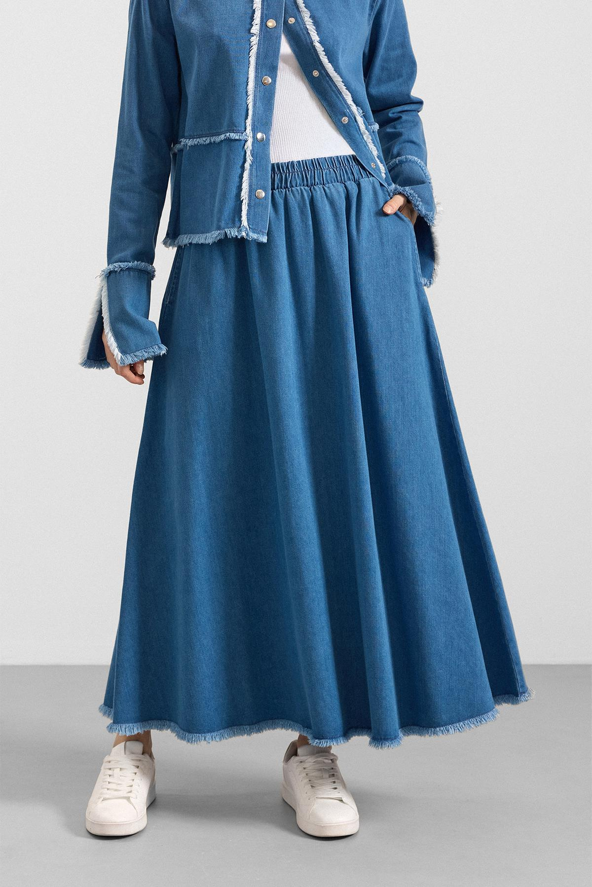 Püskül Detaylı Etek Ceket Denim İkili Takım MAVİ 9394-TK