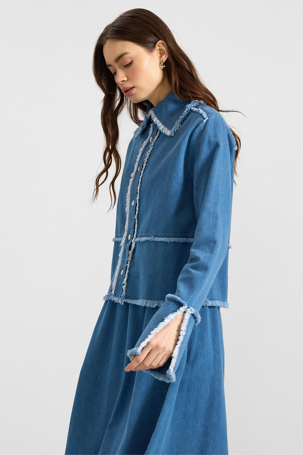 Püskül Detaylı Etek Ceket Denim İkili Takım MAVİ 9394-TK