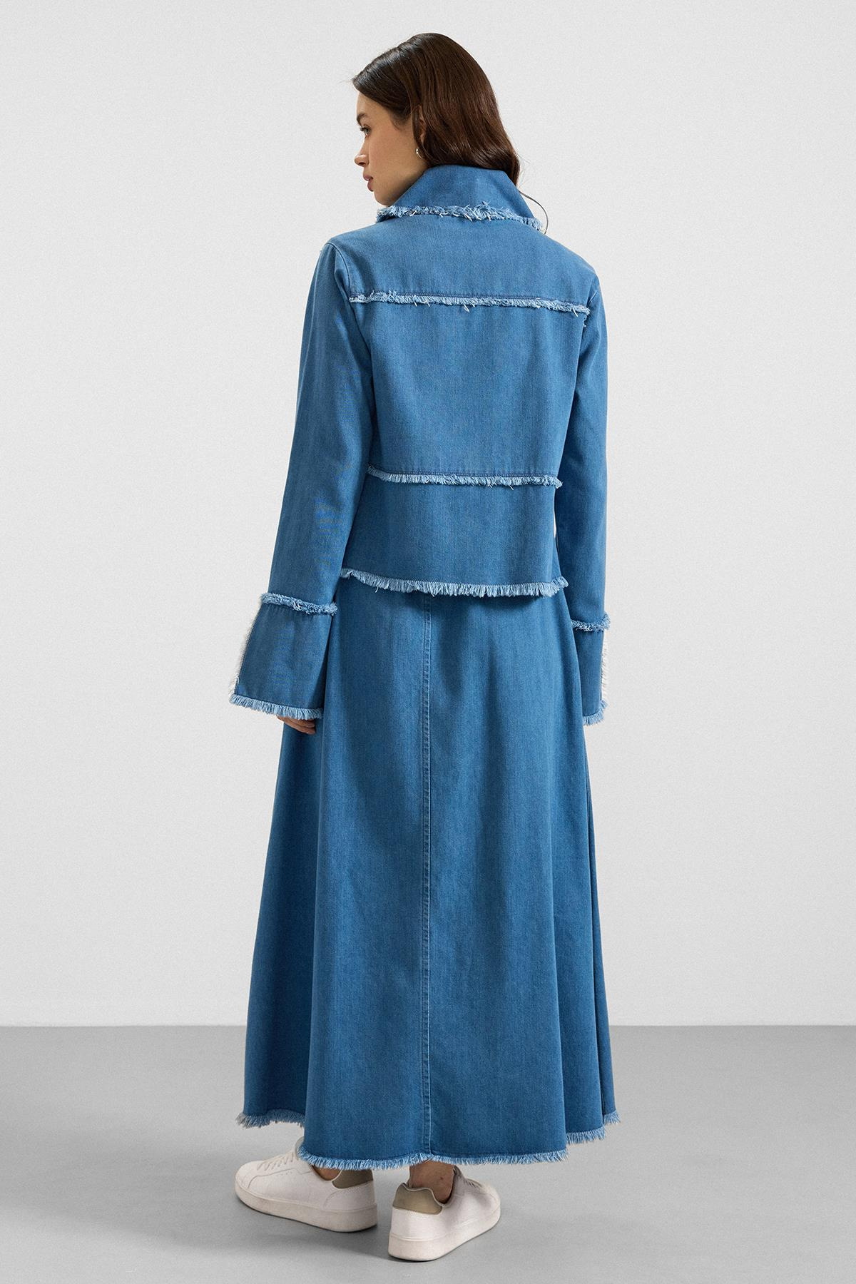 Püskül Detaylı Etek Ceket Denim İkili Takım MAVİ 9394-TK
