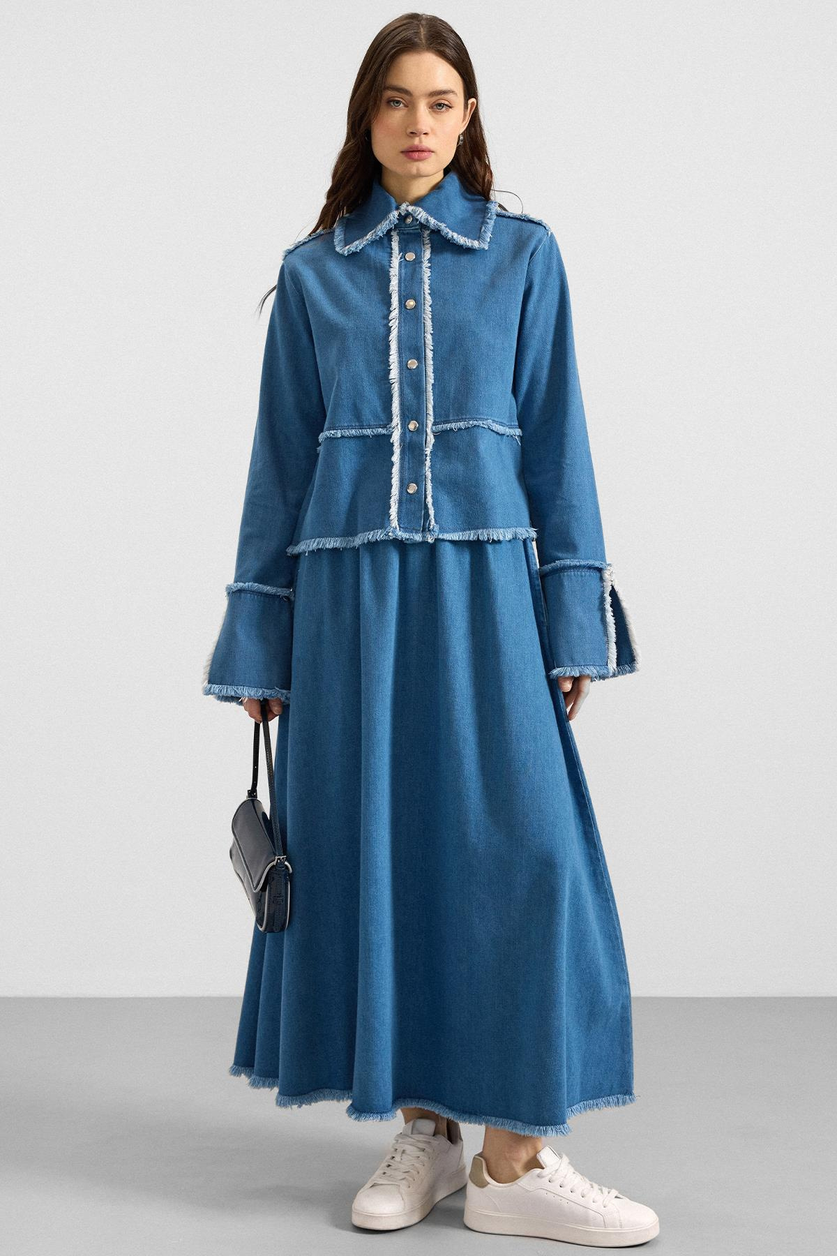 Püskül Detaylı Etek Ceket Denim İkili Takım MAVİ 9394-TK