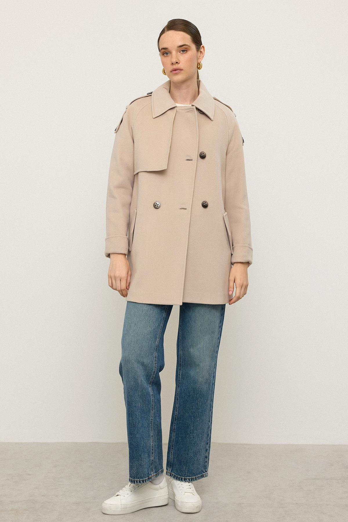 Reglan Kol Apolet ve Pelerin Detaylı Kaşmir Kaban AÇIK BEJ 3131