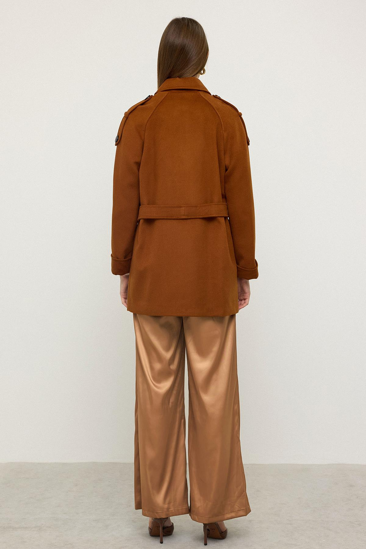 Reglan Kol Apolet ve Pelerin Detaylı Kaşmir Kaban RUST 3131