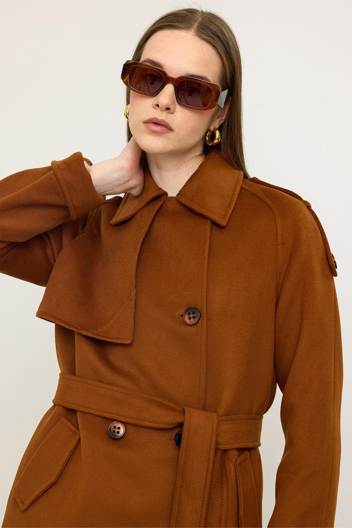 Reglan Kol Apolet ve Pelerin Detaylı Kaşmir Kaban RUST 3131