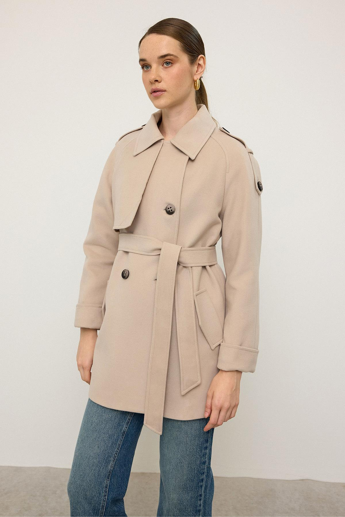 Reglan Kol Apolet ve Pelerin Detaylı Kaşmir Kaban AÇIK BEJ 3131