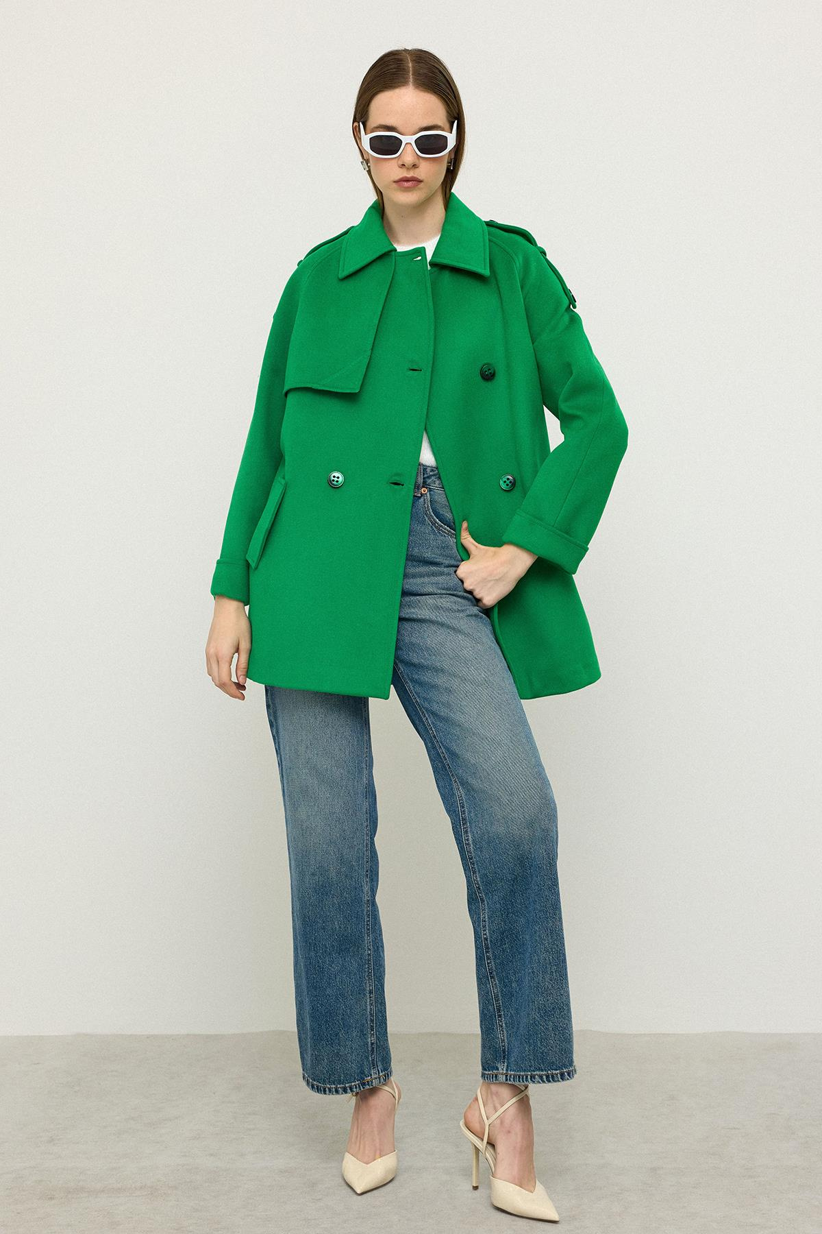 Reglan Kol Apolet ve Pelerin Detaylı Kaşmir Kaban AÇIK YEŞİL 3131
