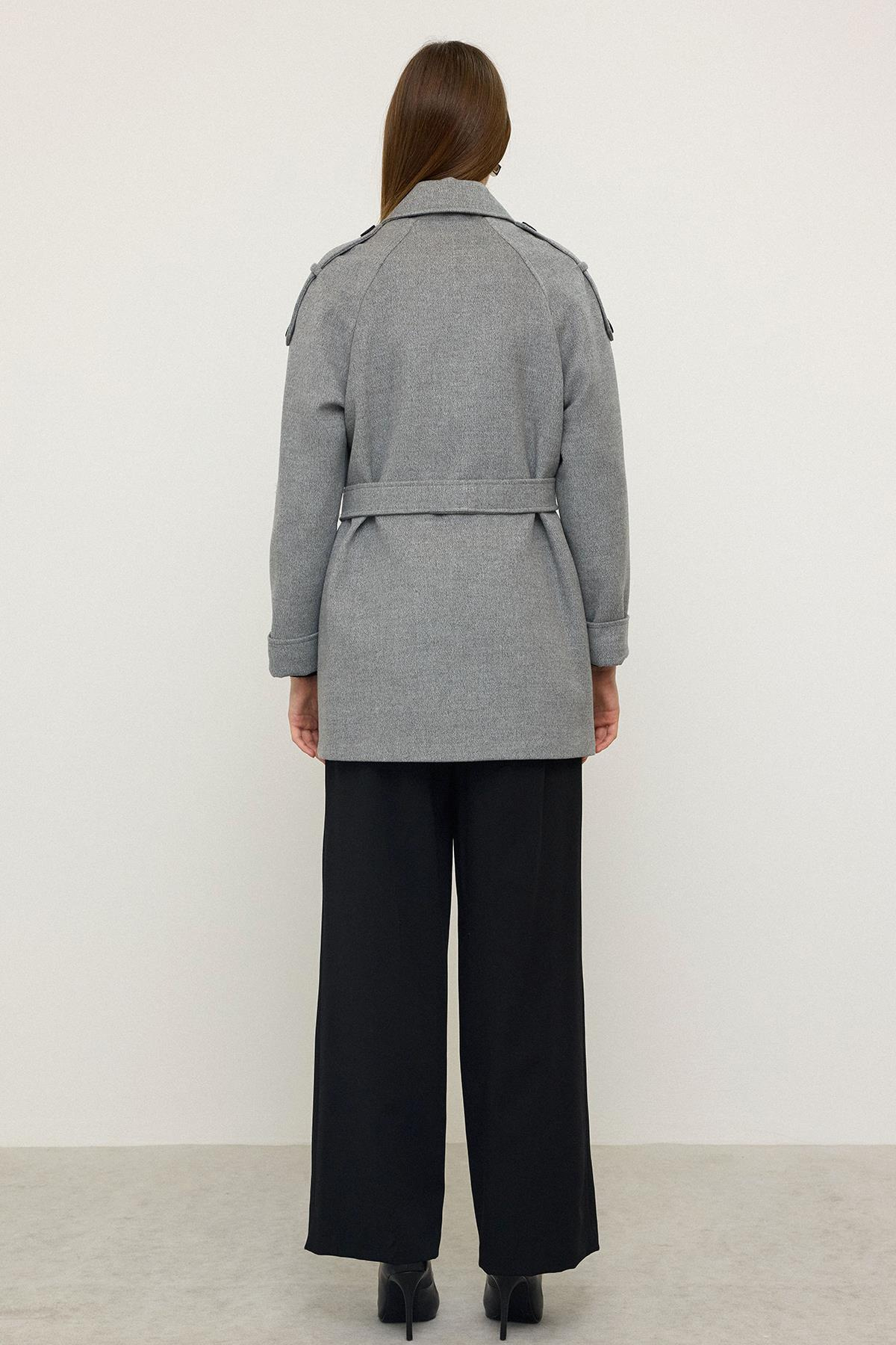 Reglan Kol Apolet ve Pelerin Detaylı Kaşmir Kaban GRİ 3131