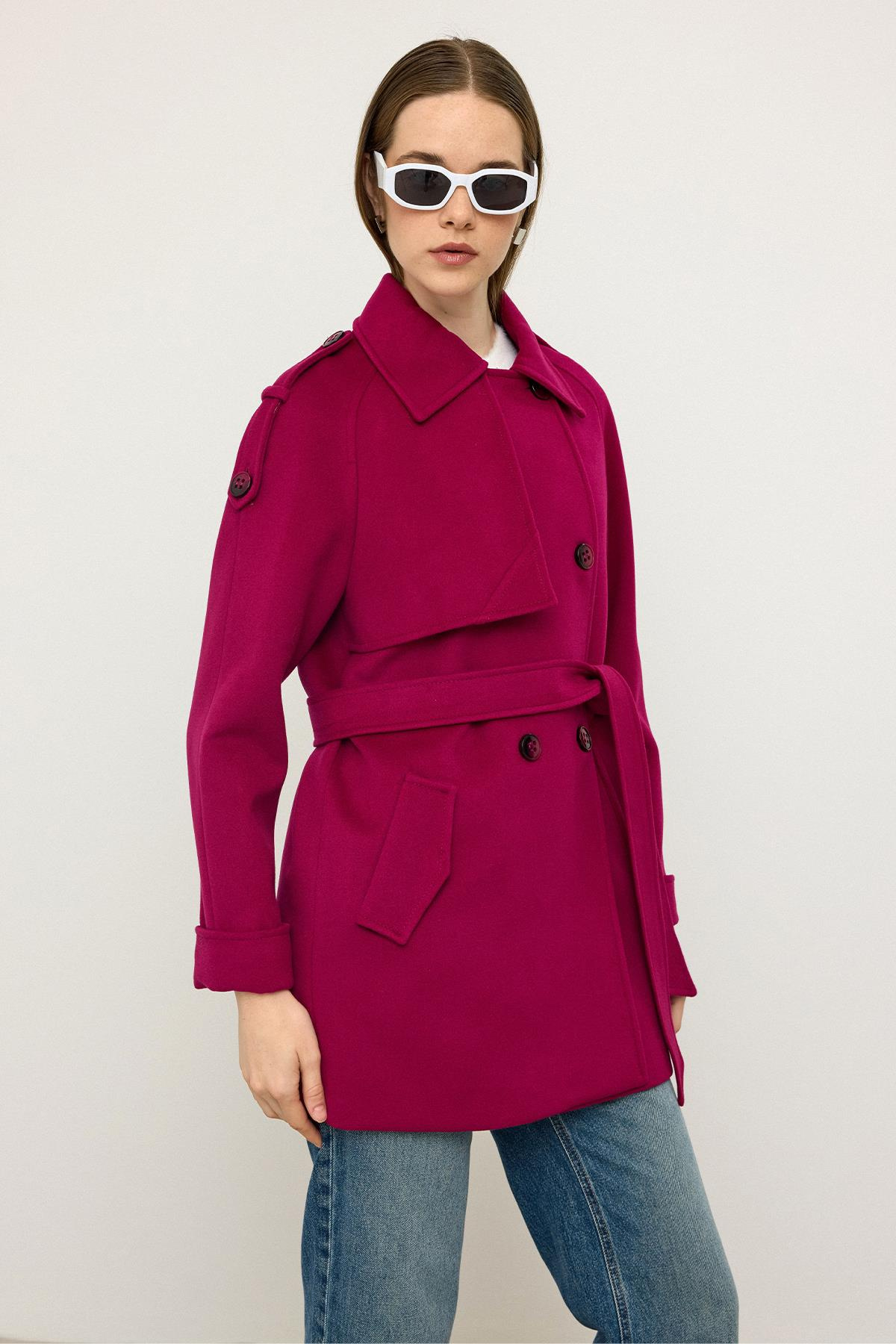 Reglan Kol Apolet ve Pelerin Detaylı Kaşmir Kaban FUŞYA 3131
