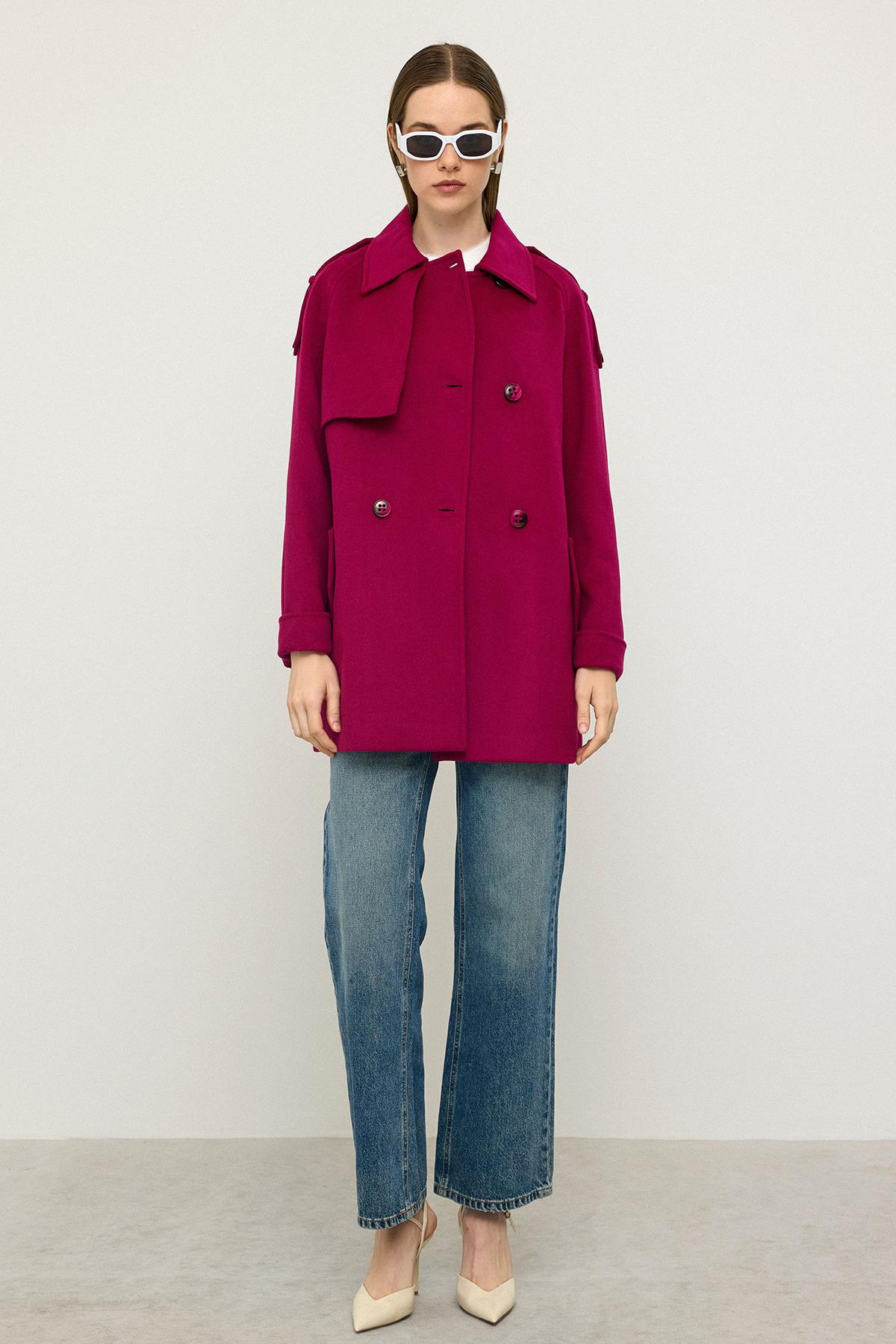 Reglan Kol Apolet ve Pelerin Detaylı Kaşmir Kaban FUŞYA 3131