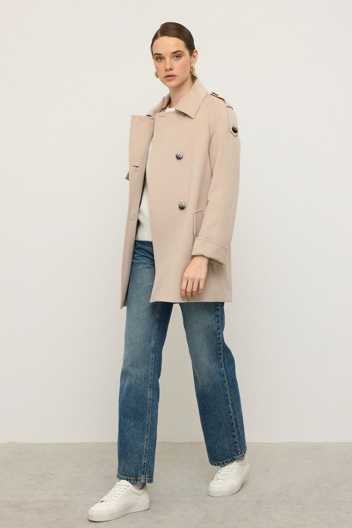 Reglan Kol Apolet ve Pelerin Detaylı Kaşmir Kaban AÇIK BEJ 3131