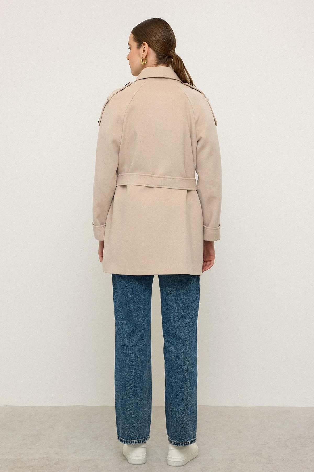 Reglan Kol Apolet ve Pelerin Detaylı Kaşmir Kaban AÇIK BEJ 3131