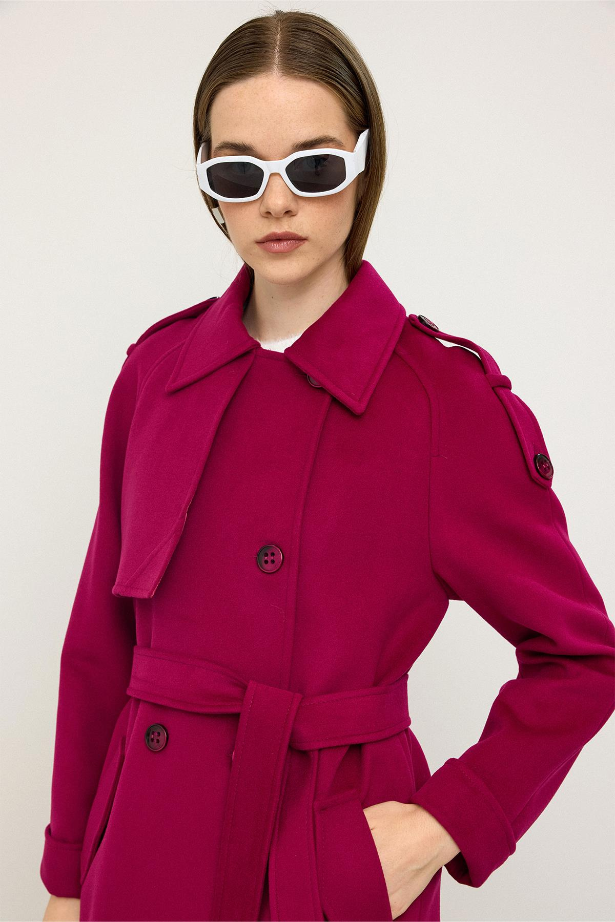 Reglan Kol Apolet ve Pelerin Detaylı Kaşmir Kaban FUŞYA 3131