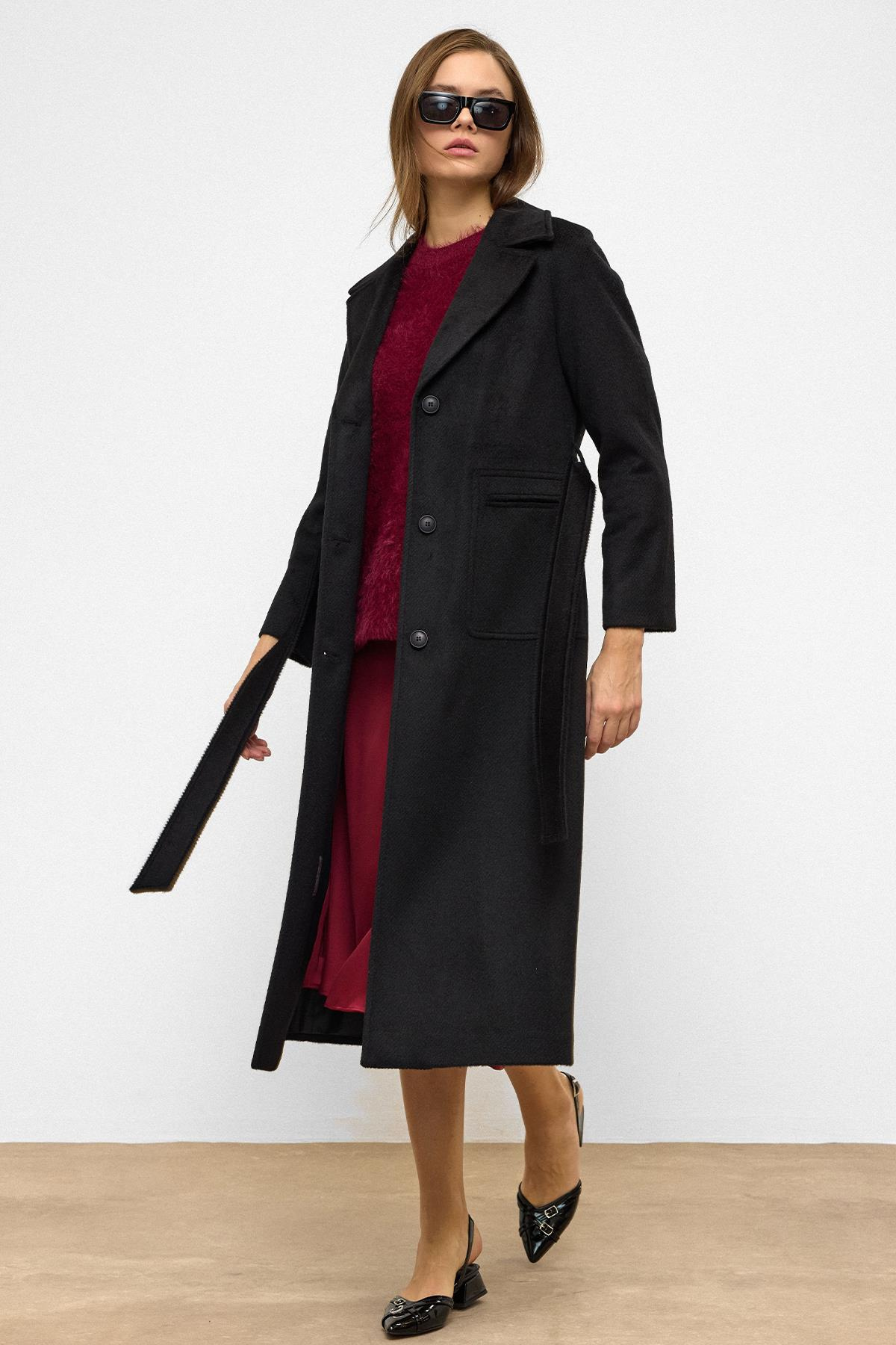 Reglan Kol Belden Bağlamalı Moher Kaban SİYAH 3156