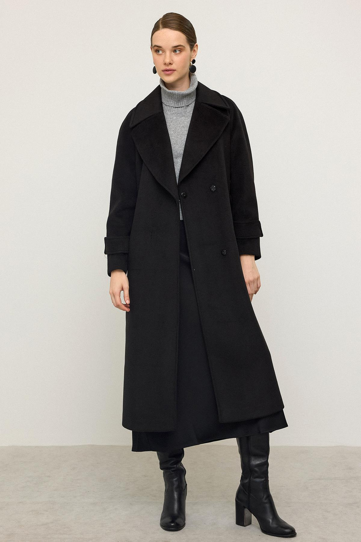 Raglan Sleeve Snap Closure Mid-Length Coat BLACK 3145