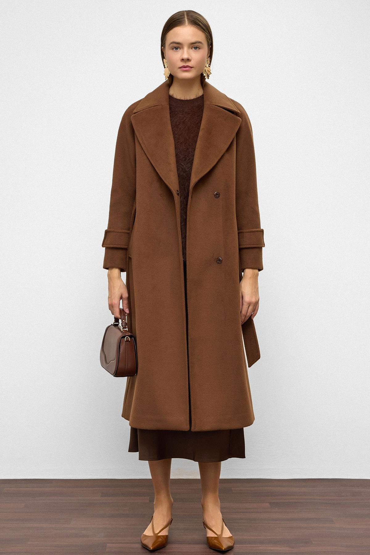 Raglan Sleeve Snap Closure Mid-Length Coat TOBACCO 3145