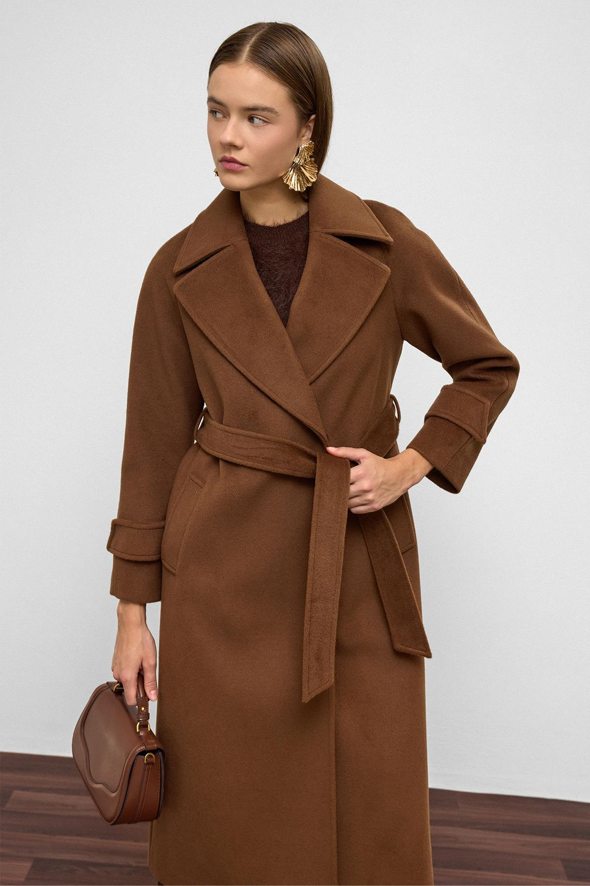 Raglan Sleeve Snap Closure Mid-Length Coat TOBACCO 3145