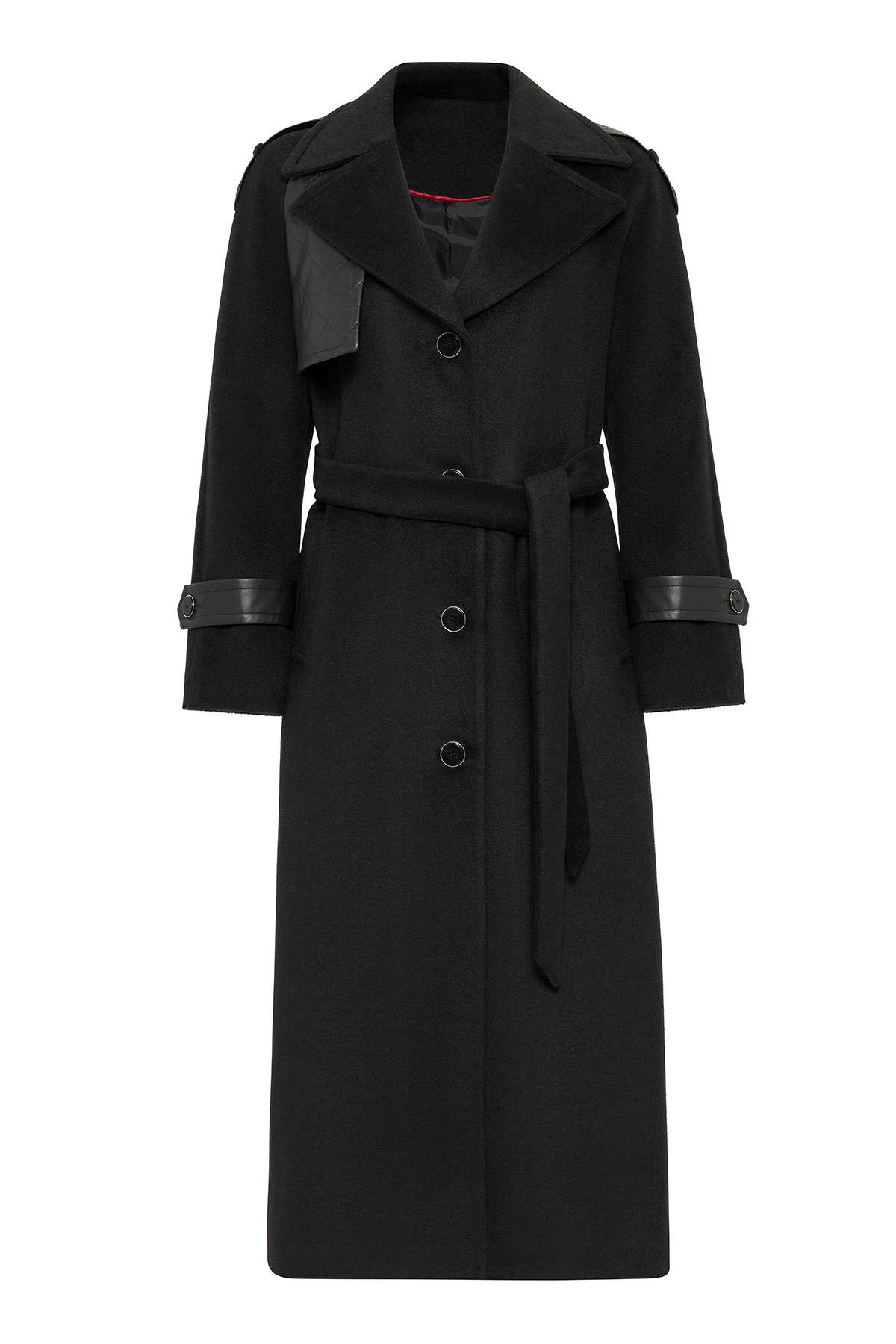Raglan Sleeve Leather Cape and Epaulette Detailed Long Coat BLACK 3084