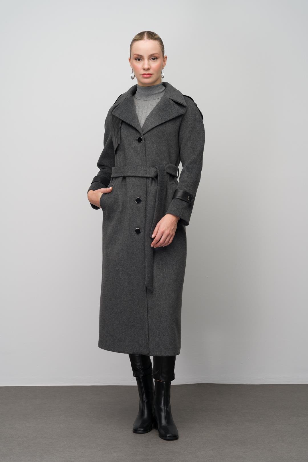 Raglan Sleeve Leather Cape and Epaulette Detailed Long Coat DARK GREY 3084