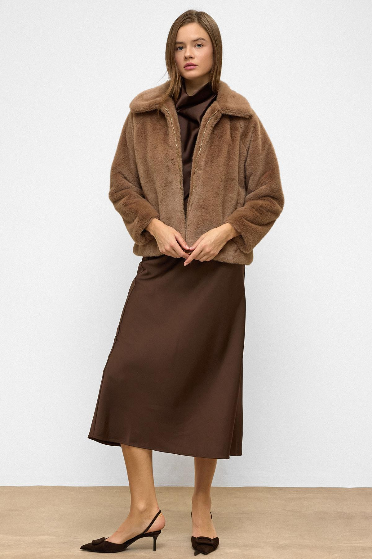 Reglan Kol Fermuarlı Suni Kürk Ceket KAMEL 1012