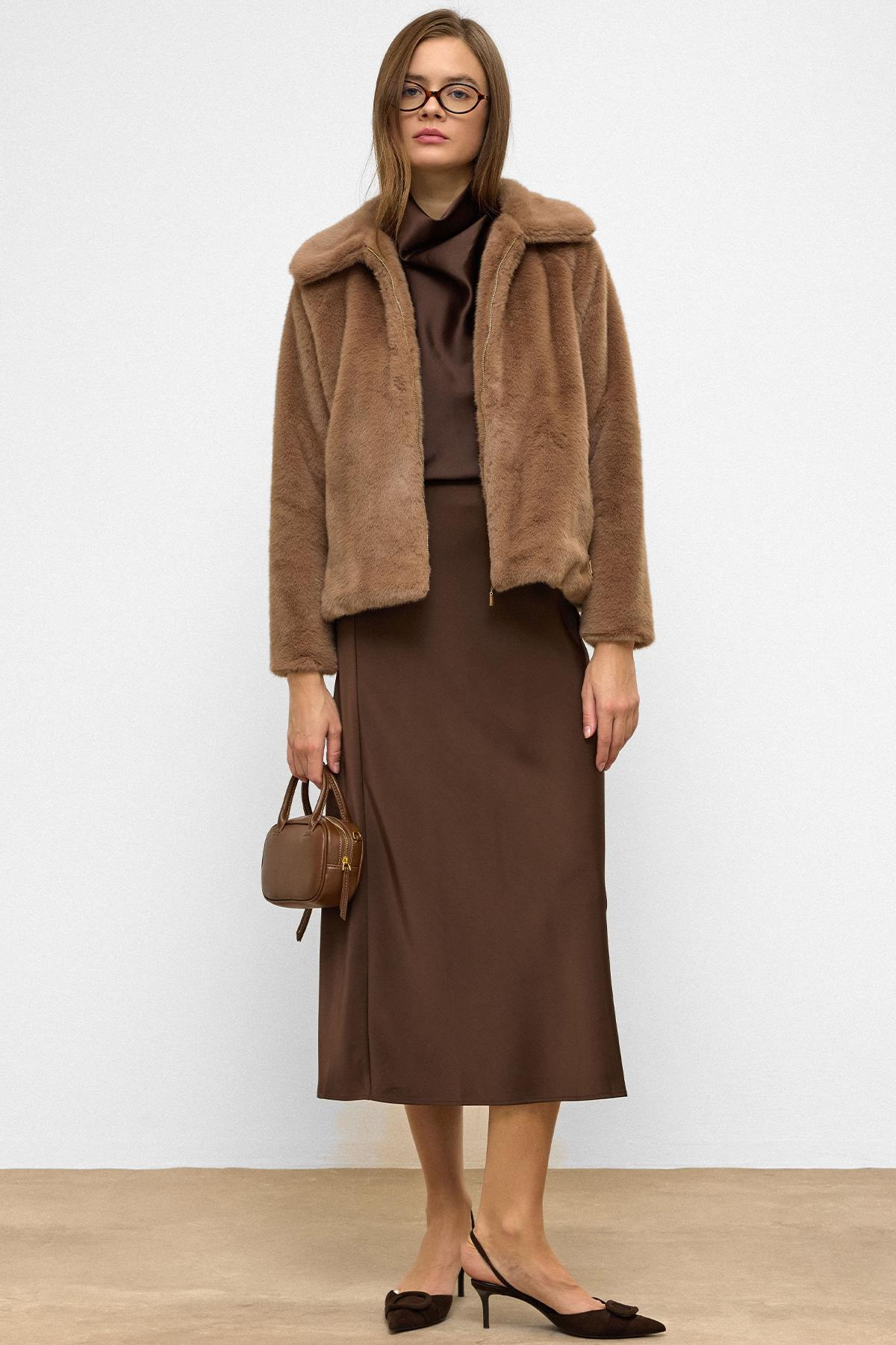 Reglan Kol Fermuarlı Suni Kürk Ceket KAMEL 1012