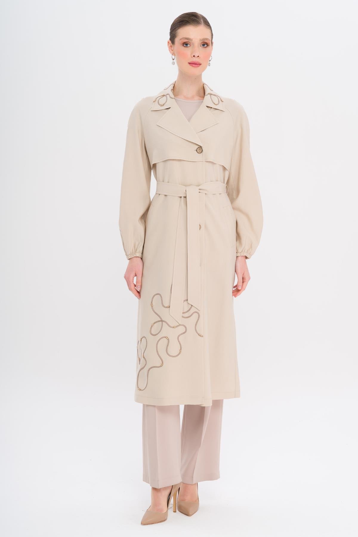 Raglan Sleeve Embroidered Detailed Unlined Modal Coat STONE 6735