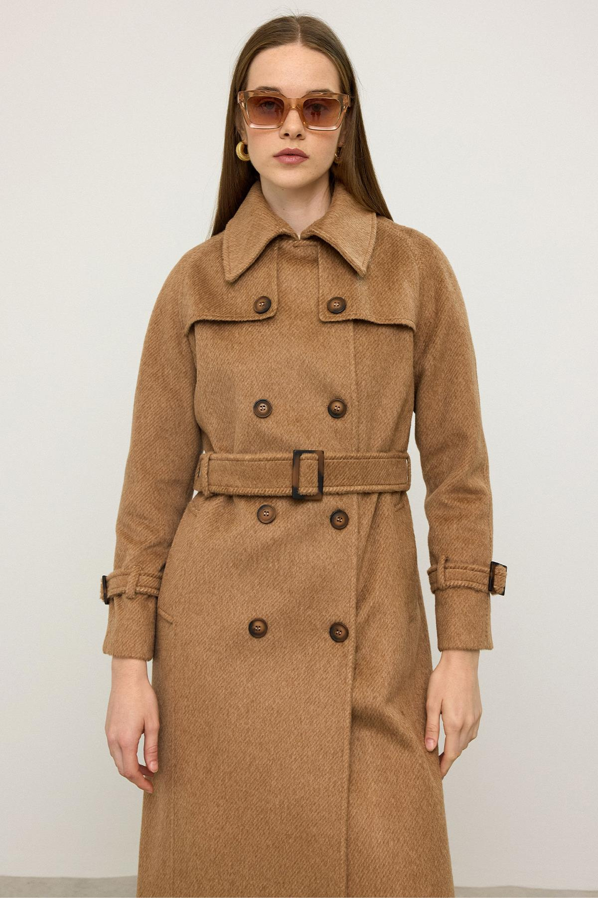 Reglan Kol Pelerin Detaylı Uzun Moher Kaban KAMEL 3144