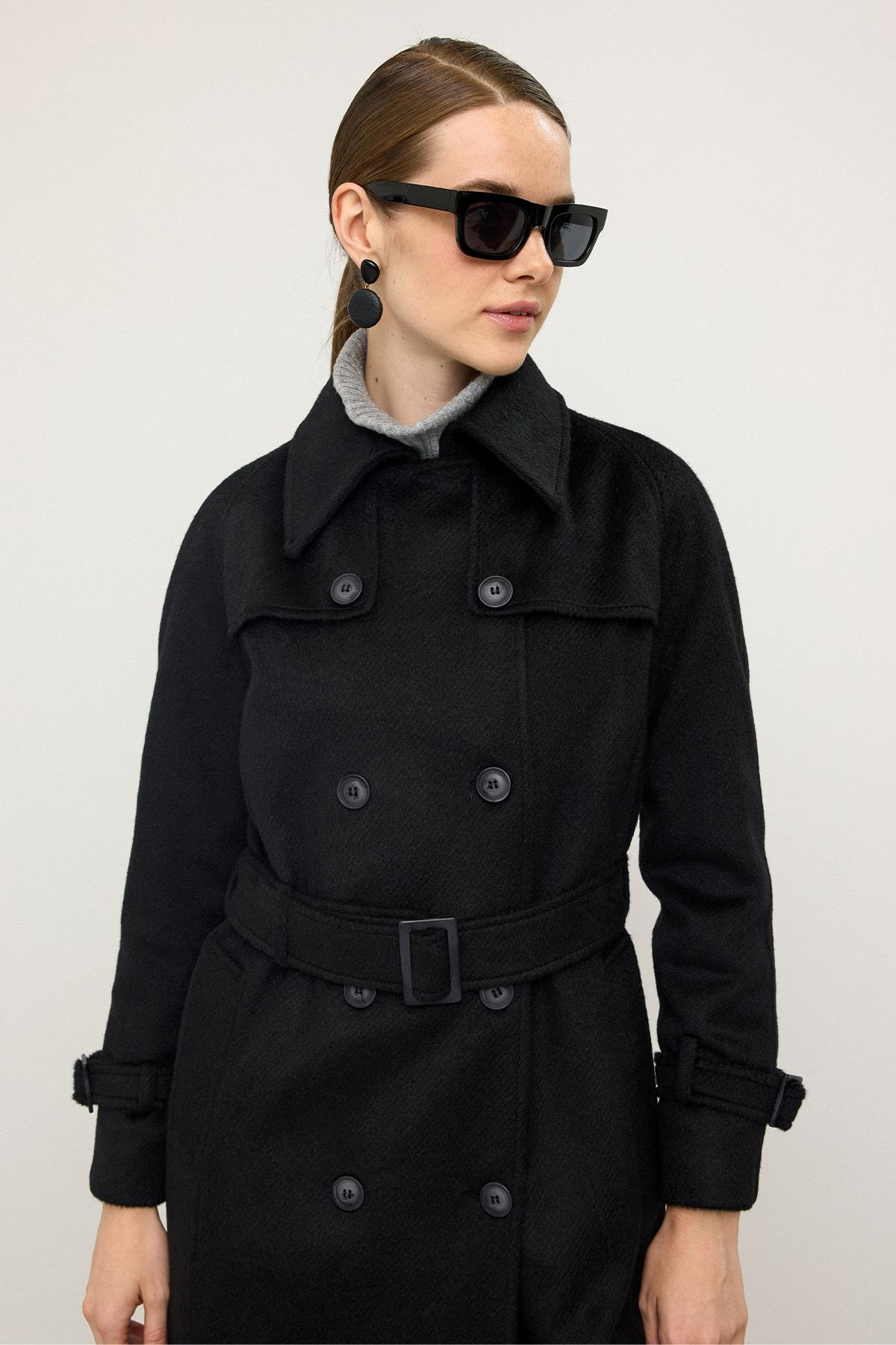 Reglan Kol Pelerin Detaylı Uzun Moher Kaban SİYAH 3144