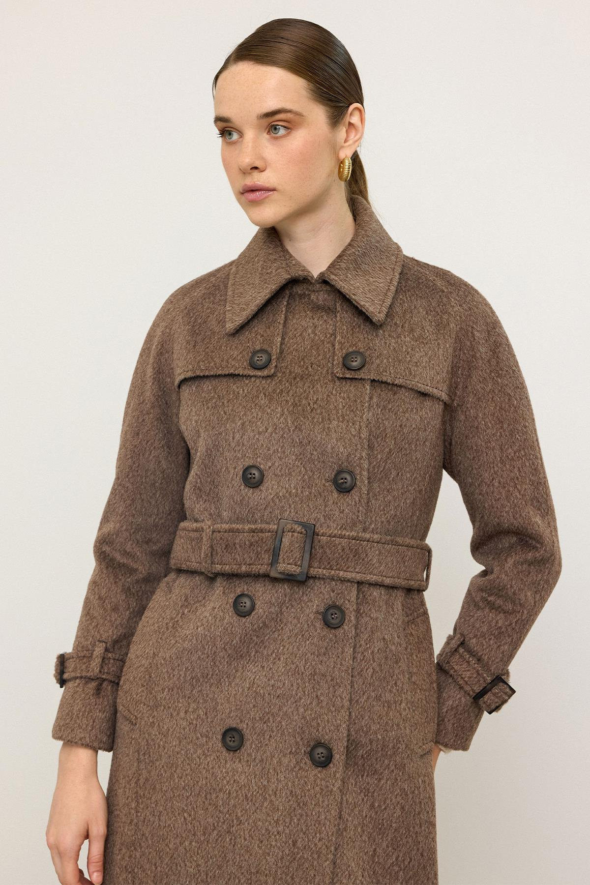 Reglan Kol Pelerin Detaylı Uzun Moher Kaban LATTE 3144