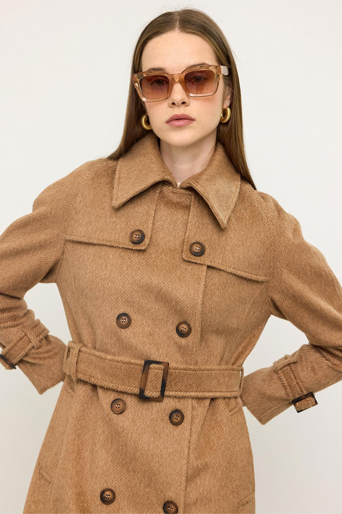 Reglan Kol Pelerin Detaylı Uzun Moher Kaban KAMEL 3144