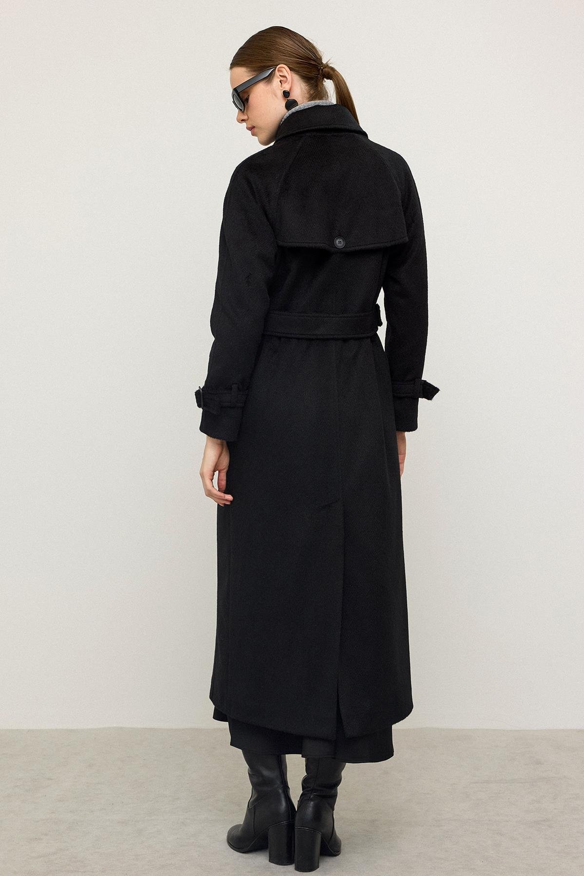 Reglan Kol Pelerin Detaylı Uzun Moher Kaban SİYAH 3144