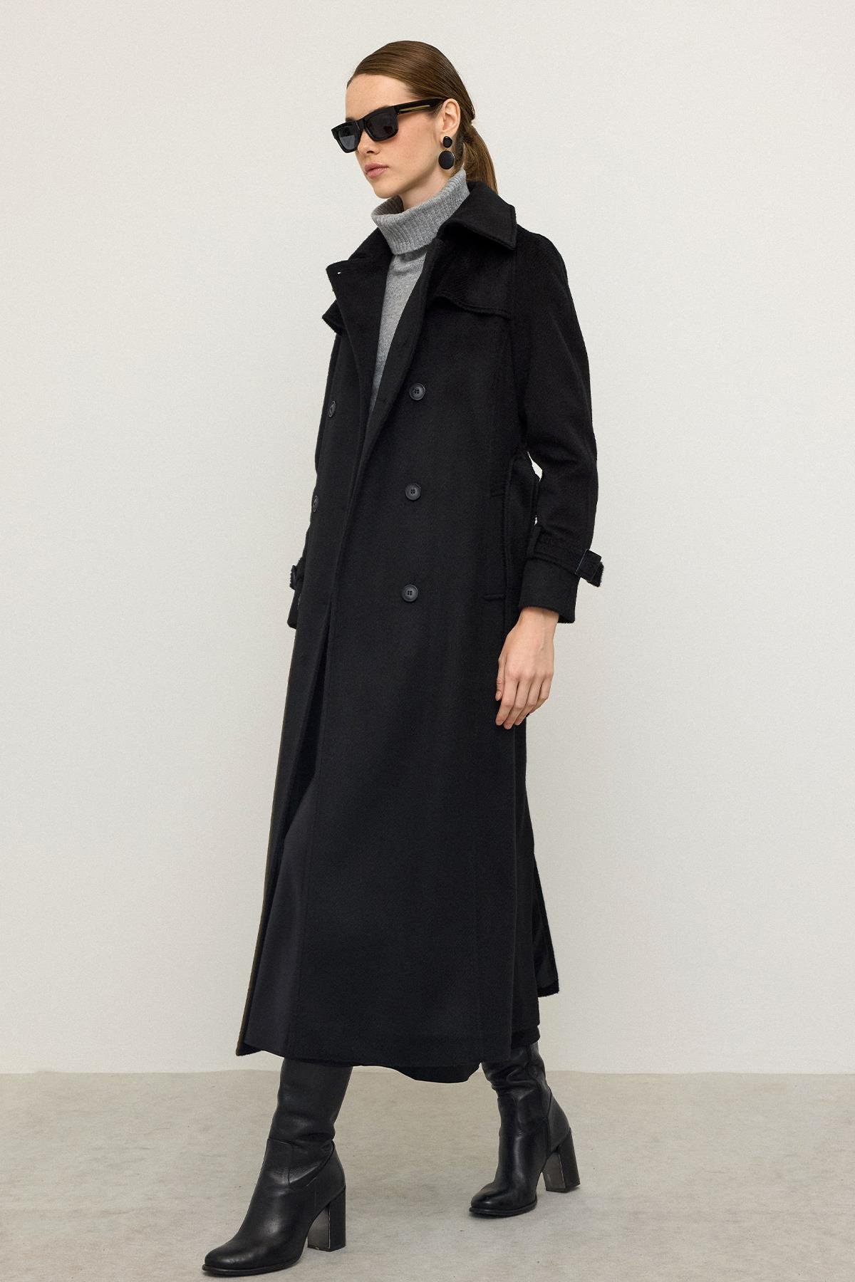 Reglan Kol Pelerin Detaylı Uzun Moher Kaban SİYAH 3144