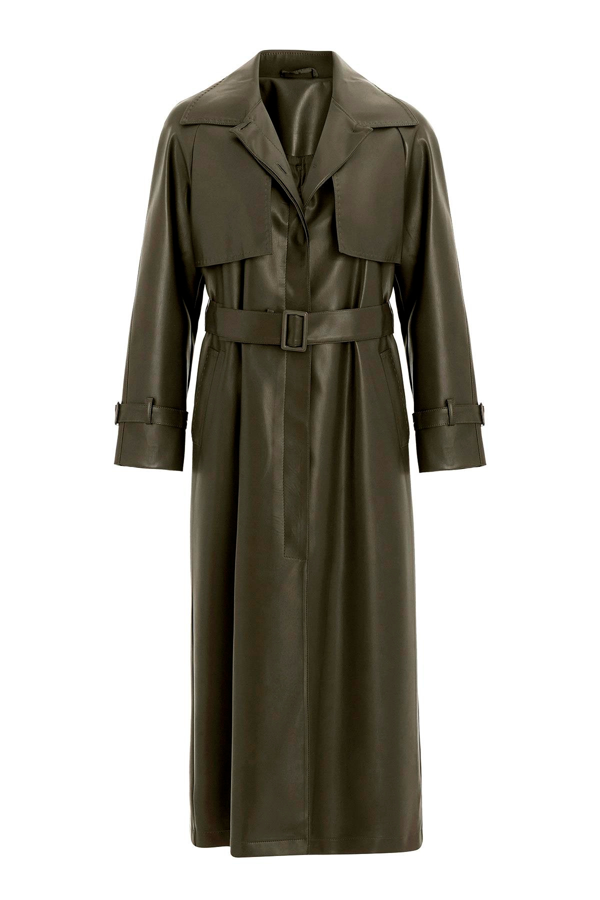 Reglan Kol Pelerin ve Punto Dikiş Detaylı Deri Trençkot HAKİ 6754