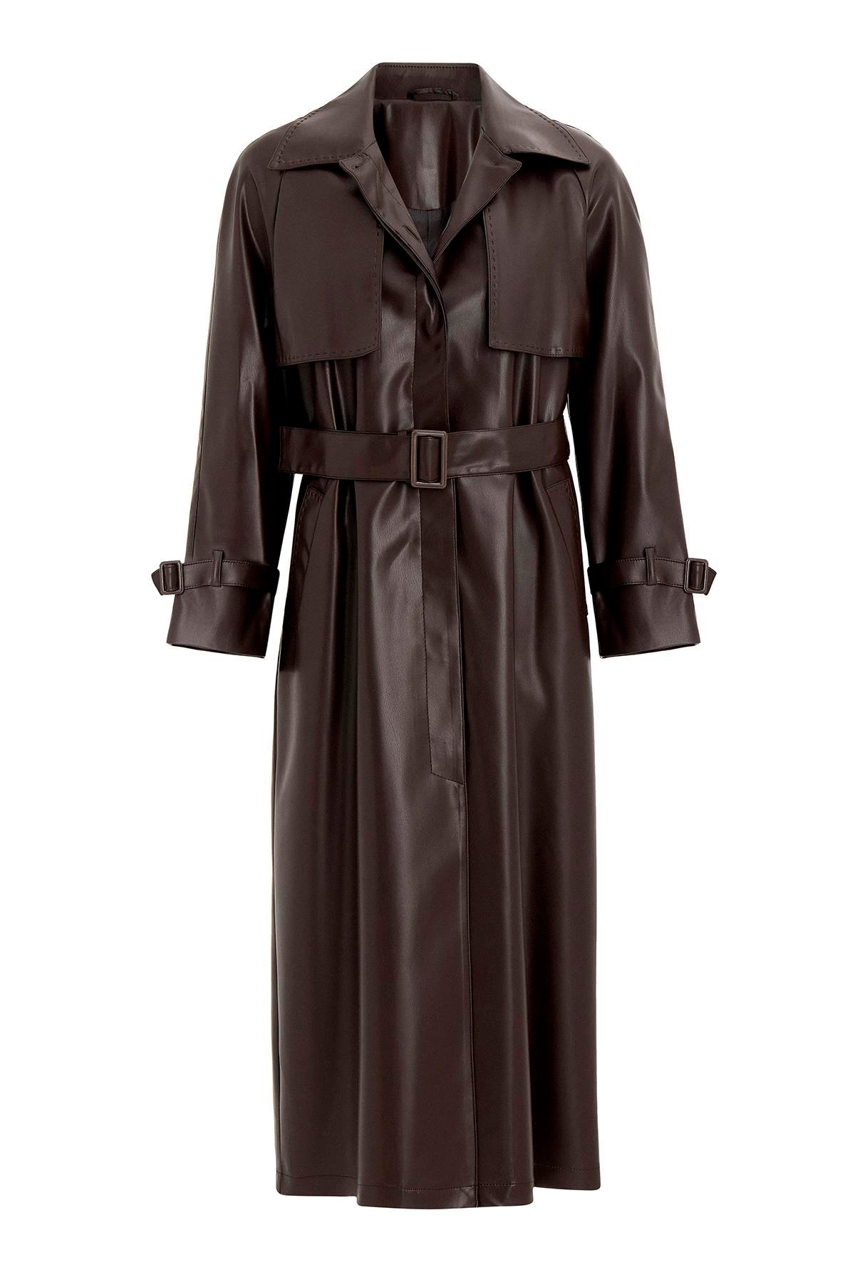 Reglan Kol Pelerin ve Punto Dikiş Detaylı Deri Trençkot K. KAHVE 6754