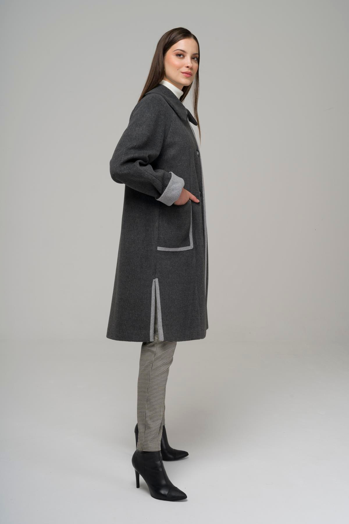 Reglan Kol Torba Cepli Garni Detaylı Büyük Beden Kaban KOYU GRİ 3947