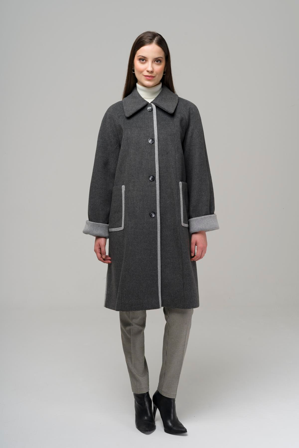 Reglan Kol Torba Cepli Garni Detaylı Büyük Beden Kaban KOYU GRİ 3947