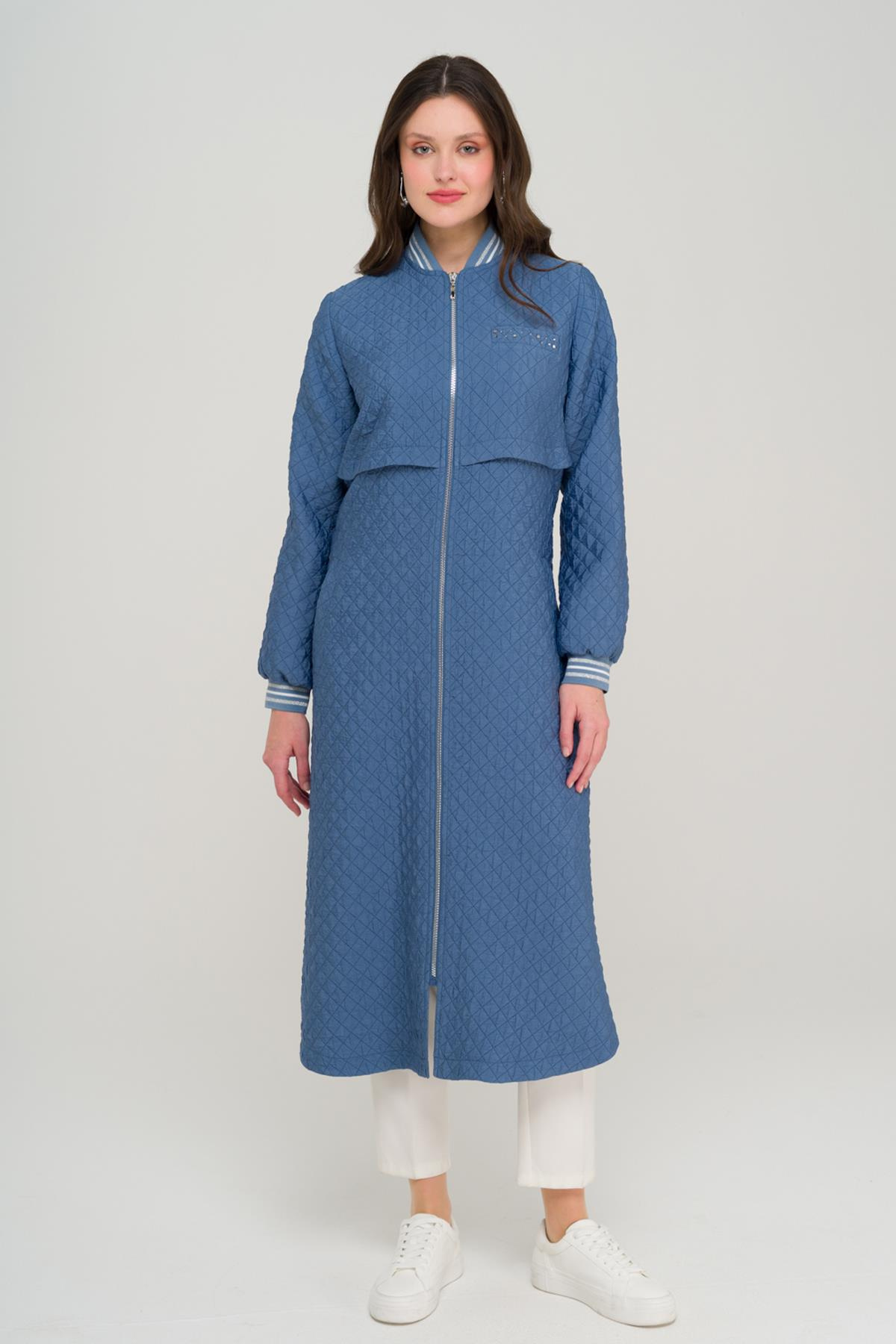 Quilted Patterned Lightweight Coat with Rib and Stone Details İNDİGO 6702