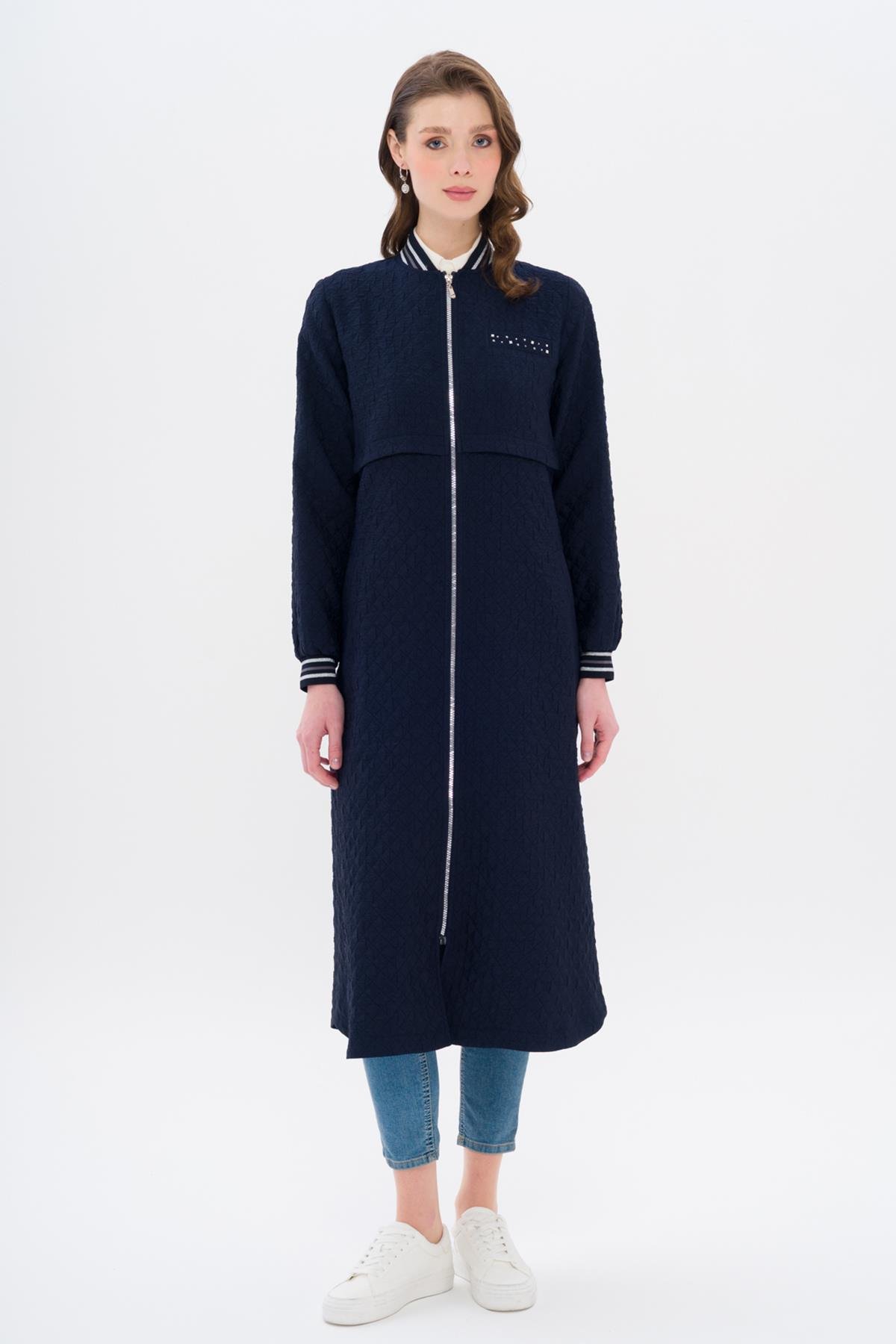 Quilted Patterned Lightweight Coat with Rib and Stone Details NAVY 6702