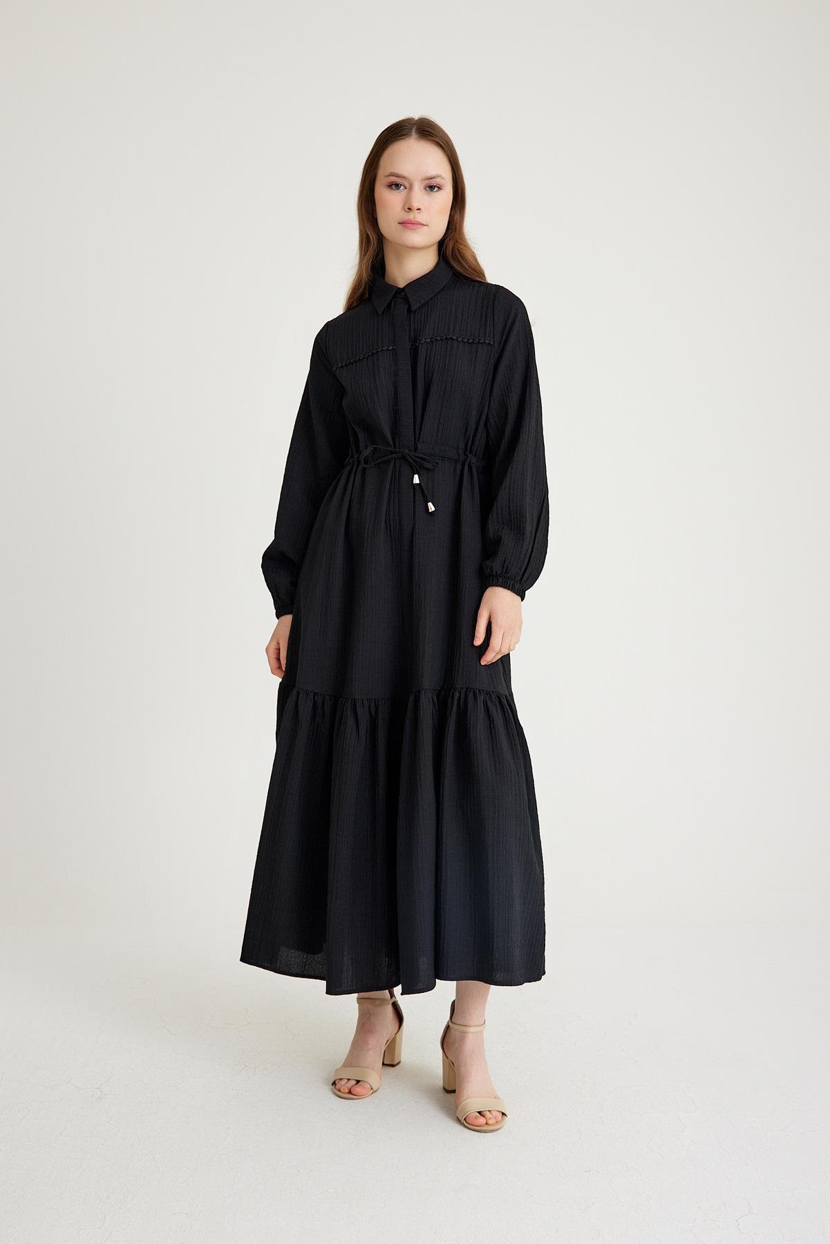 Long Dress with Pleated Waist and Scallop Detail BLACK 9494-E